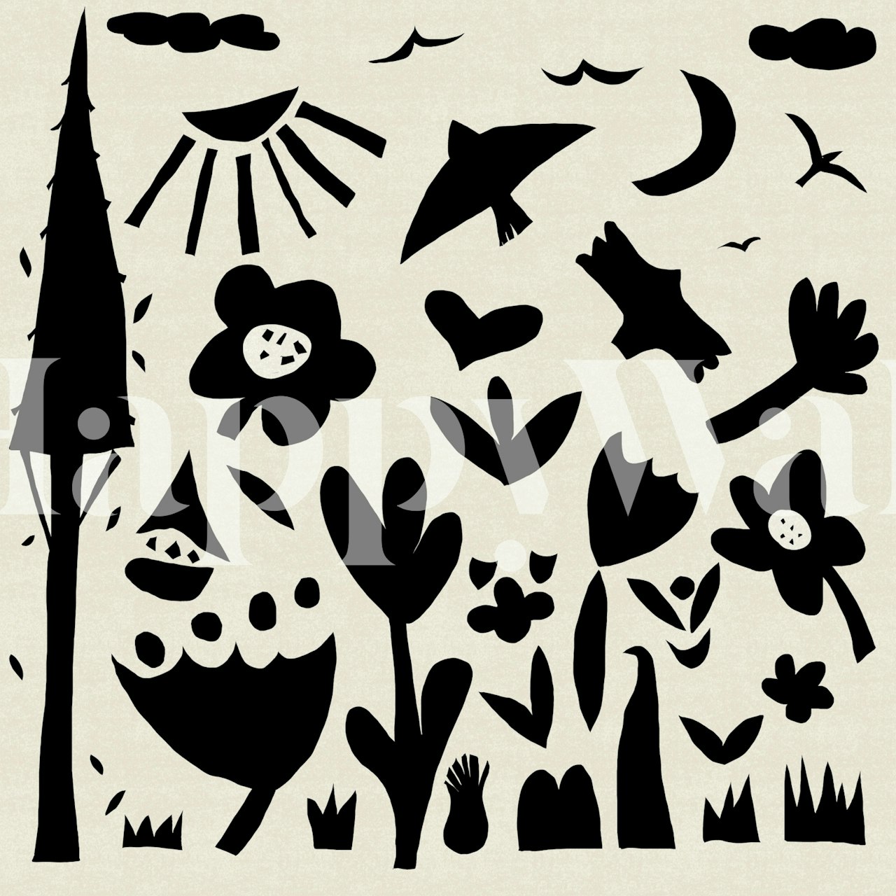 Black and white floral and tree designs wallpaper