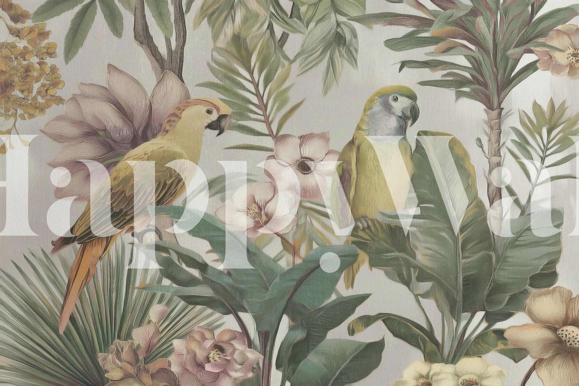 Tropical birds, lush greenery, pink and green floral wallpaper