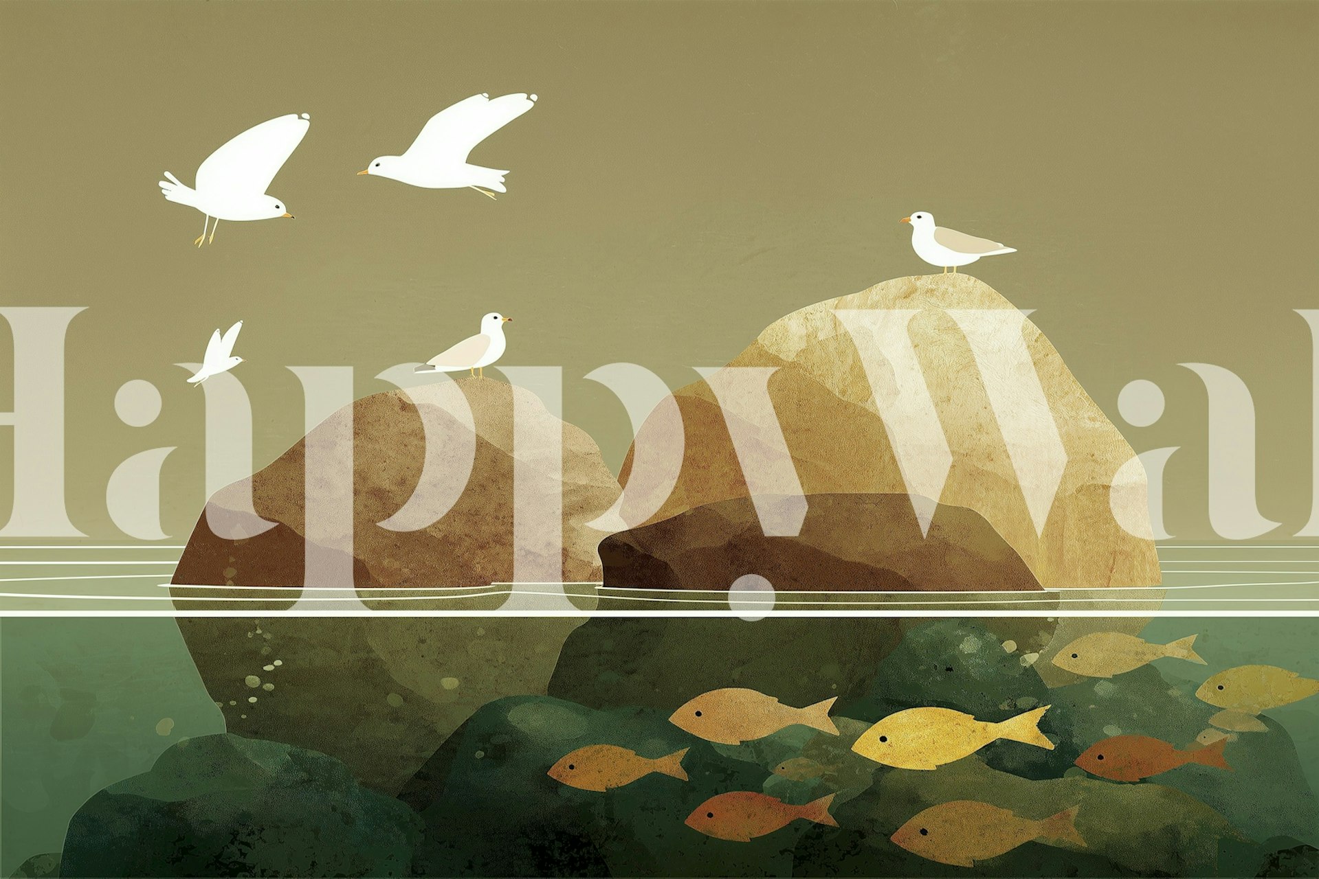 Seagulls Over Rocky Shore wallpaper in a room