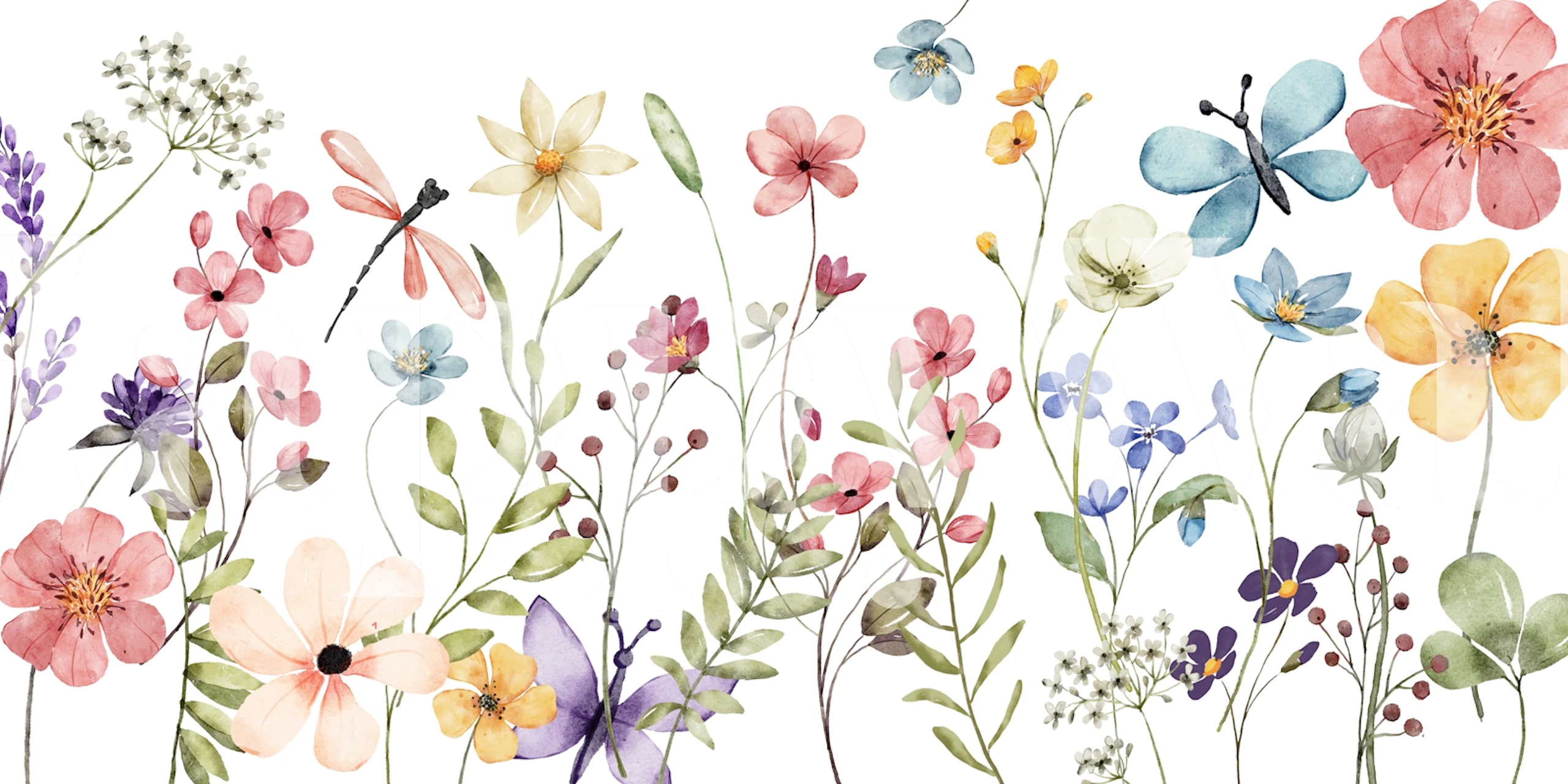 Multicolored floral wall mural featuring pink, blue, and yellow flowers on a white background
