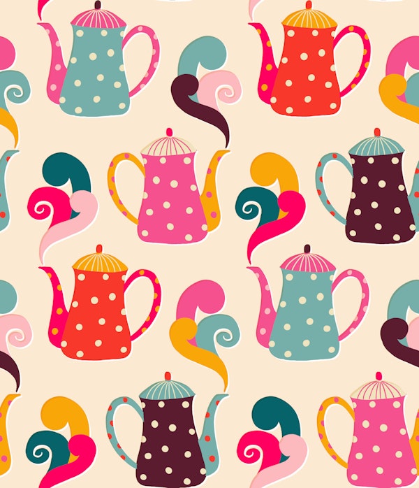 dotted steaming tea pots