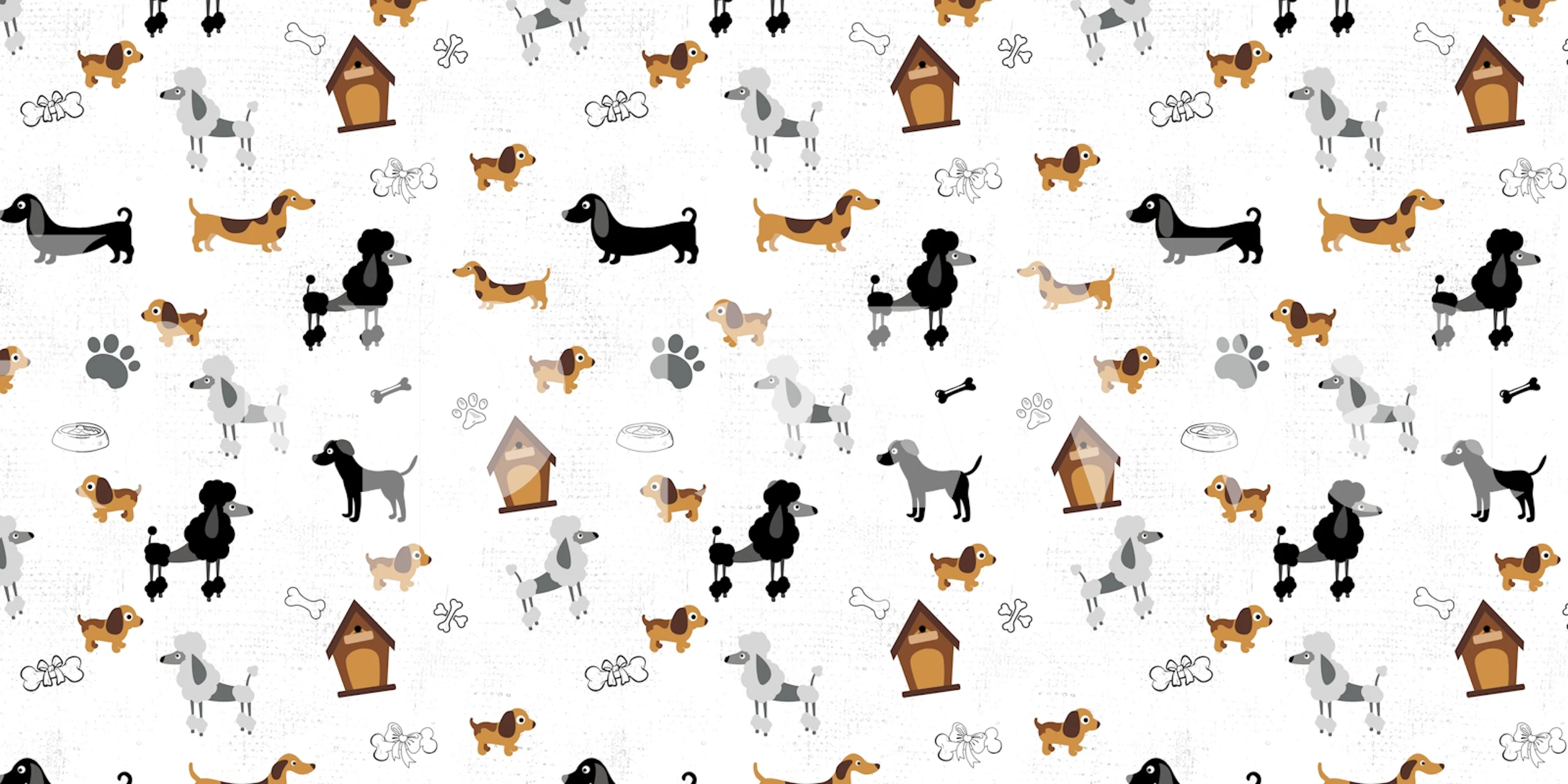 Playful dog illustrations with brown, black, and gray colors on a white background wallpaper