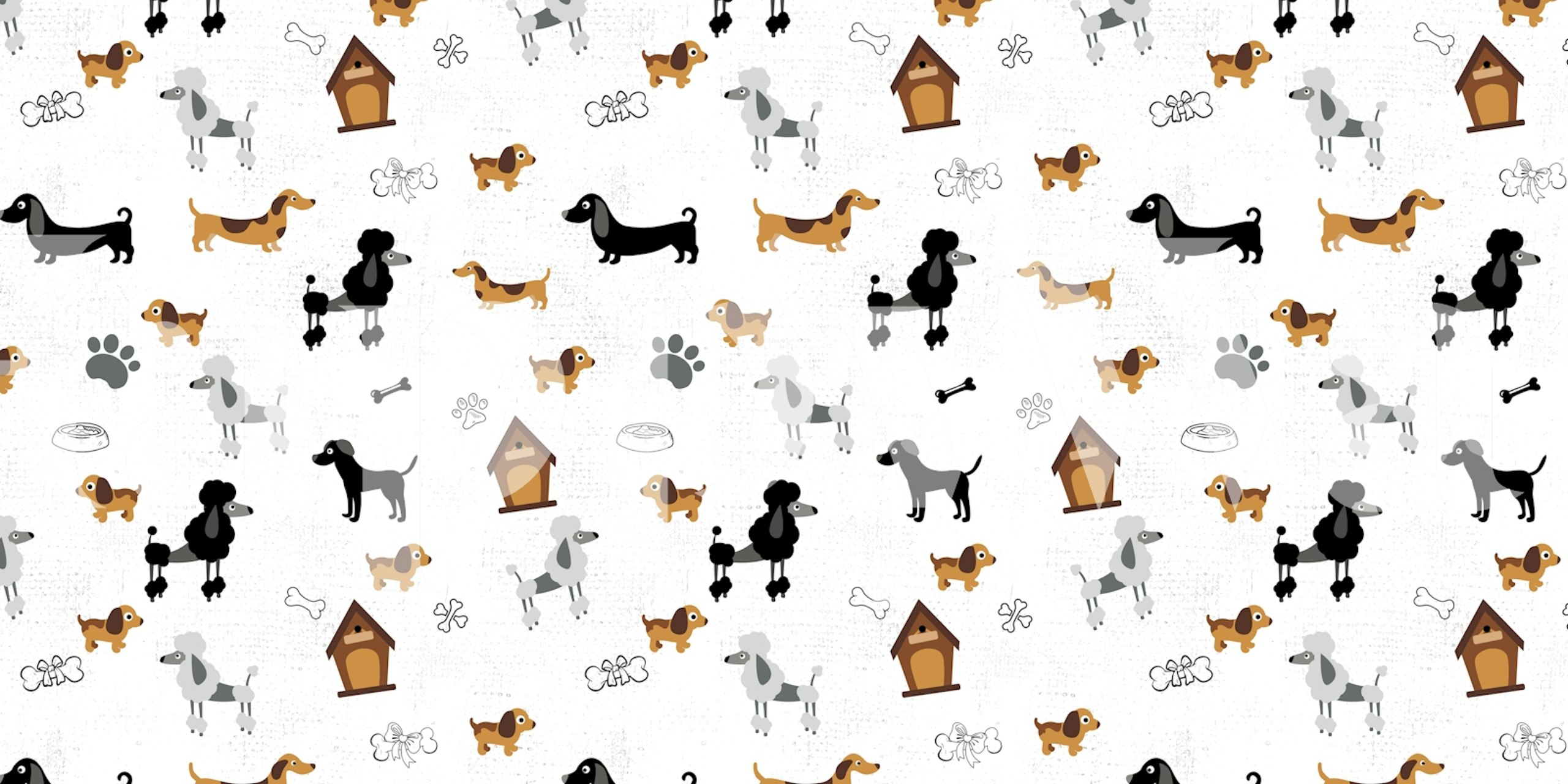Playful dog illustrations with brown, black, and gray colors on a white background wallpaper
