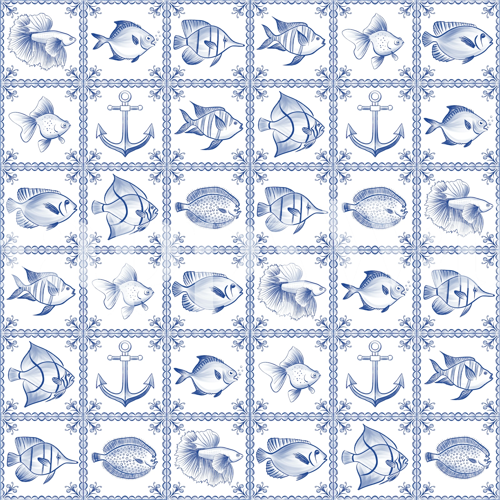 Blue Fishbone Pattern Cobalt Blue Fish Pattern Wallpaper