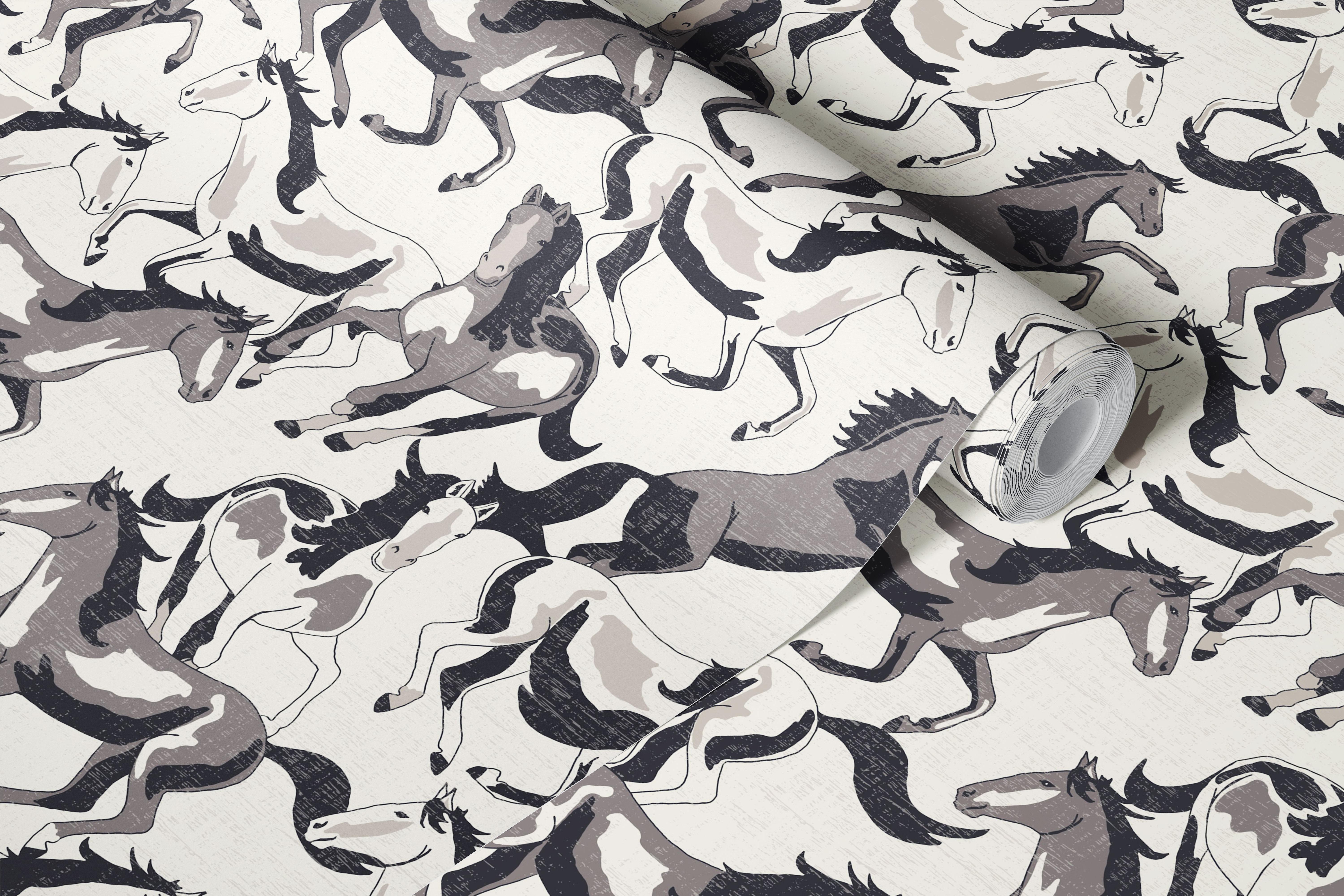 Galloping horses in black and white on a light background wallpaper