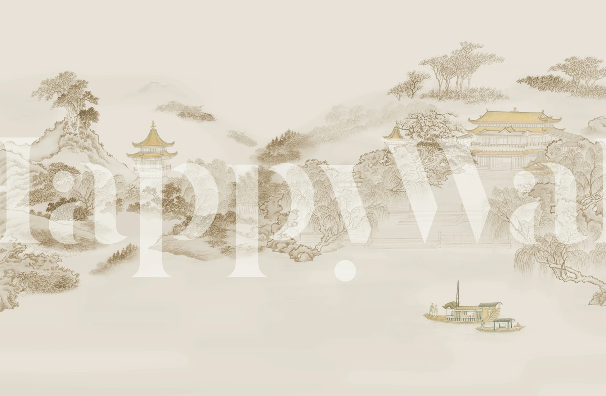 Subtle Asian landscape with pagodas, hills and a serene lake wallpaper