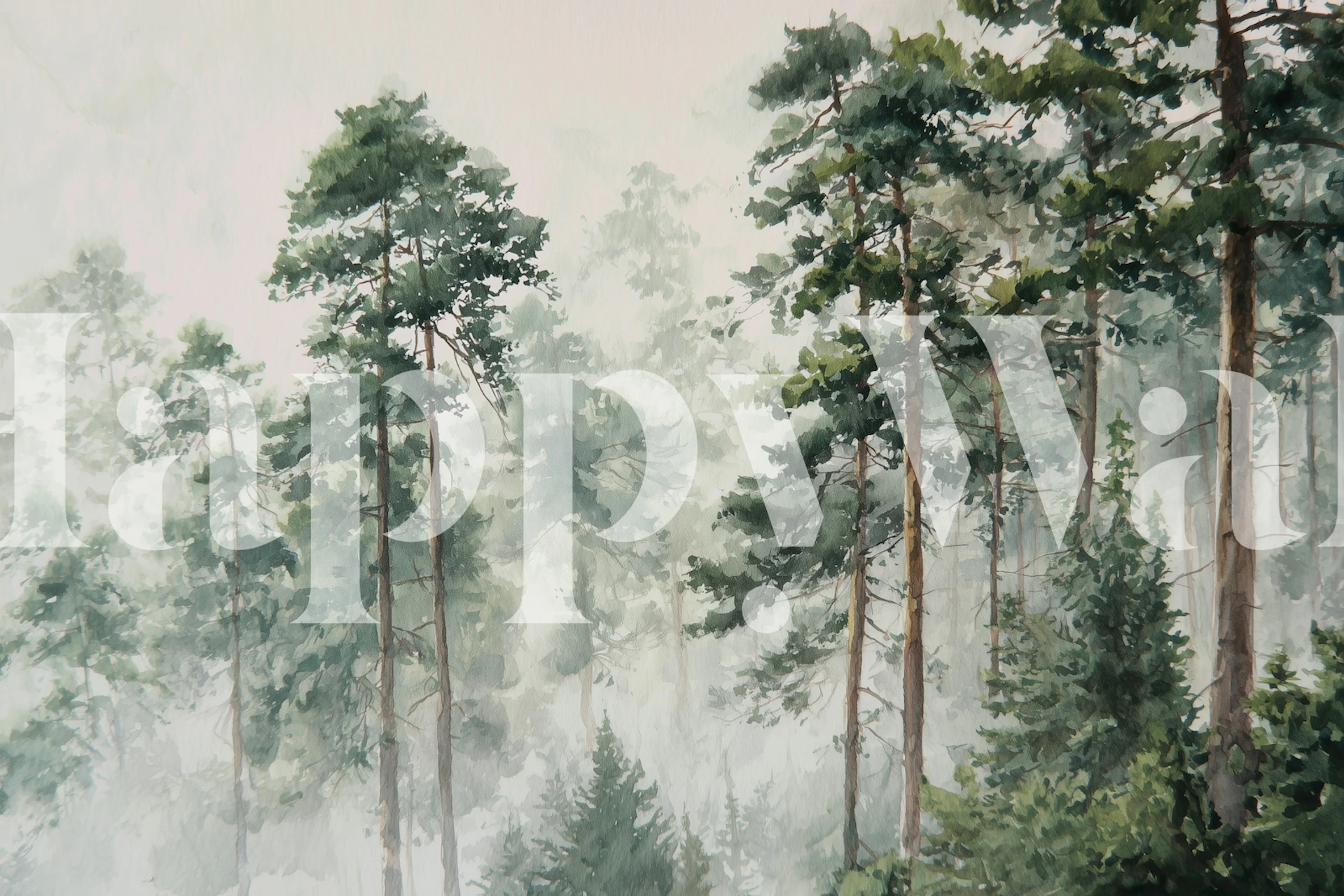Watercolor forest scene with green trees and mist wallpaper