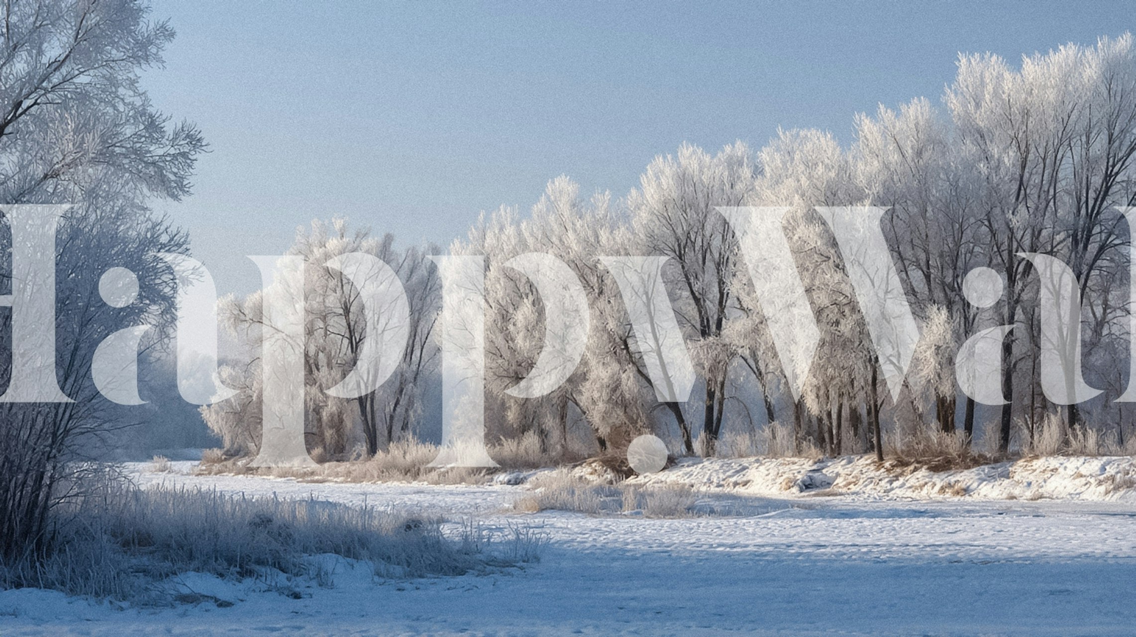 Frosted trees with a winter landscape in icy blue tones wallpaper
