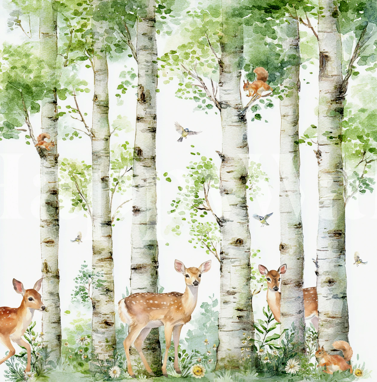 Deer and forest scene with trees and greenery wallpaper