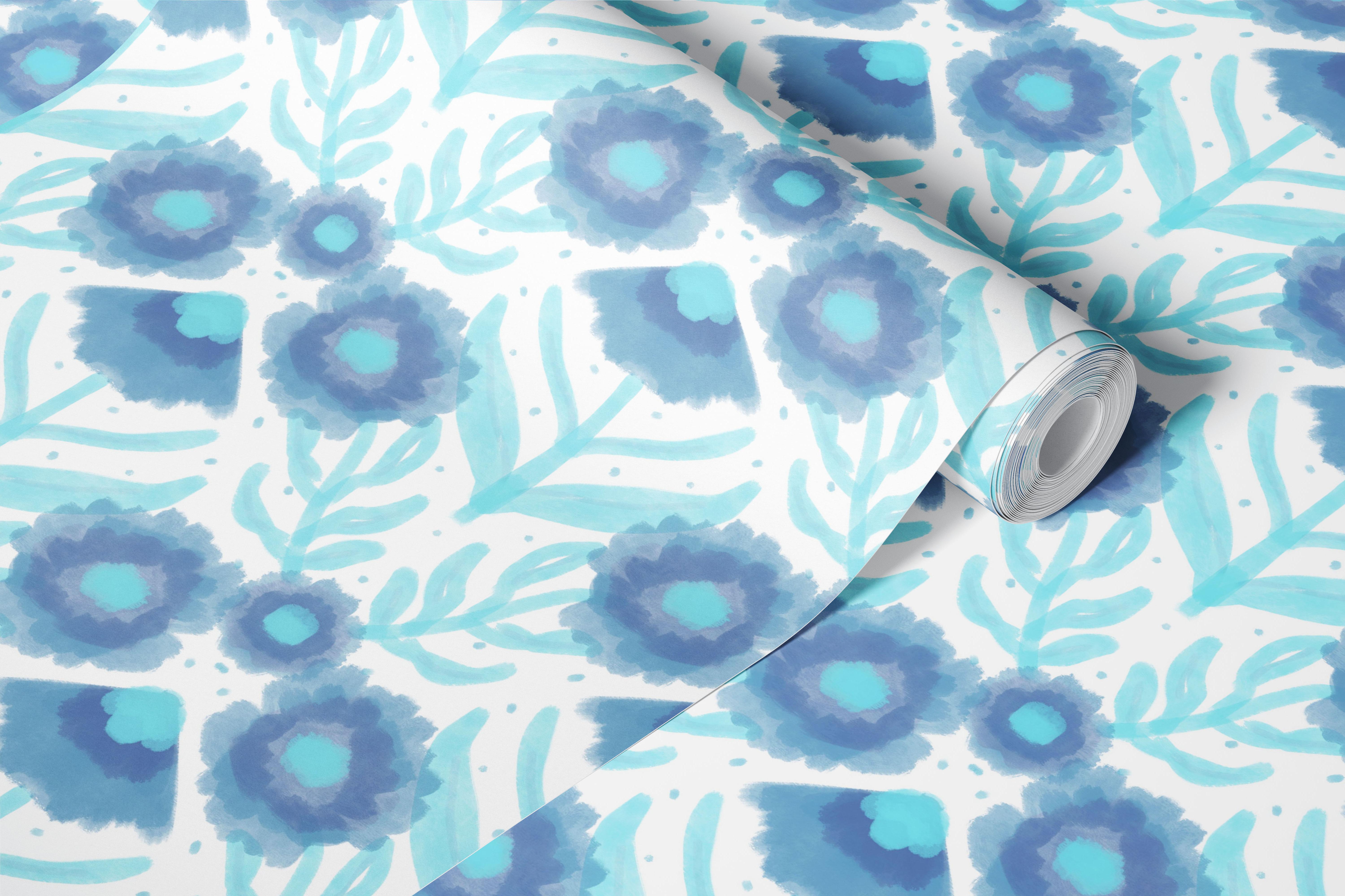 Blue floral pattern with aqua accents on white background wallpaper