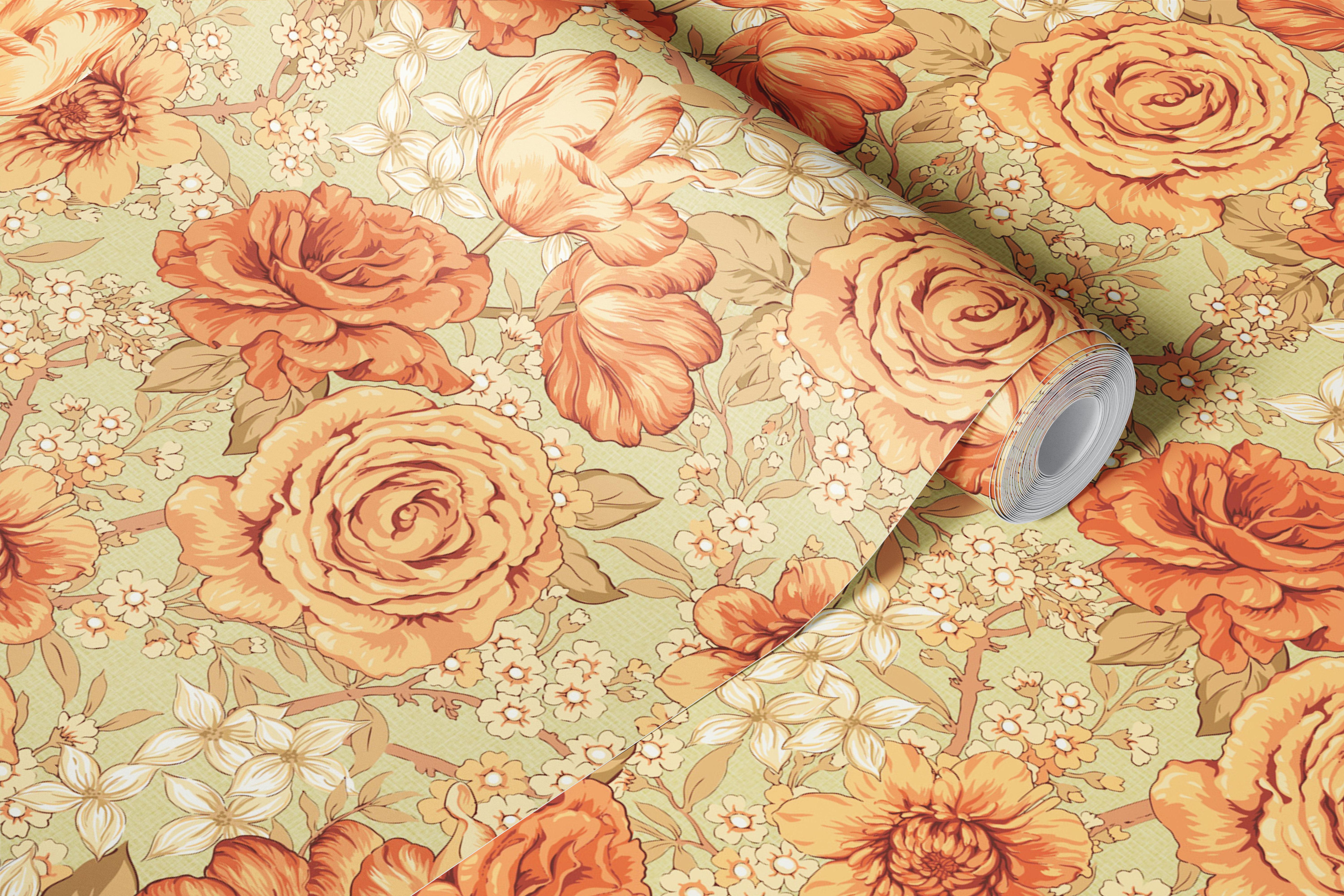 Blossoming Roses Harmony Peach Orange wallpaper design