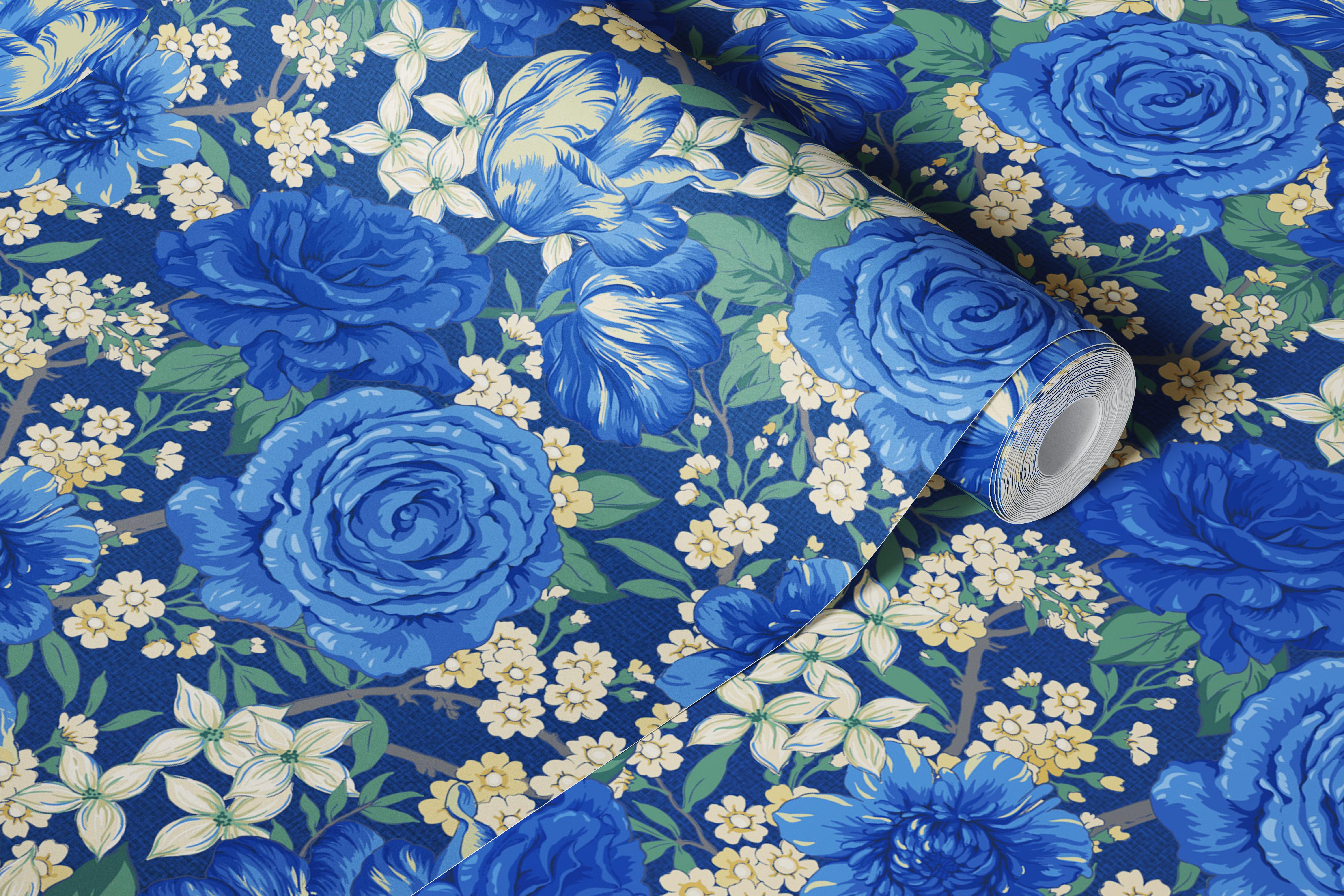 Blossoming Roses Harmony Cobalt Blue ταπετσαρία σε ένα δωμάτιο