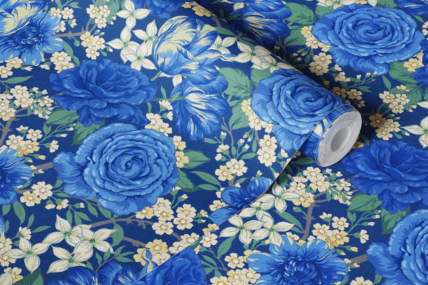 Blossoming Roses Harmony Cobalt Blue wallpaper roll