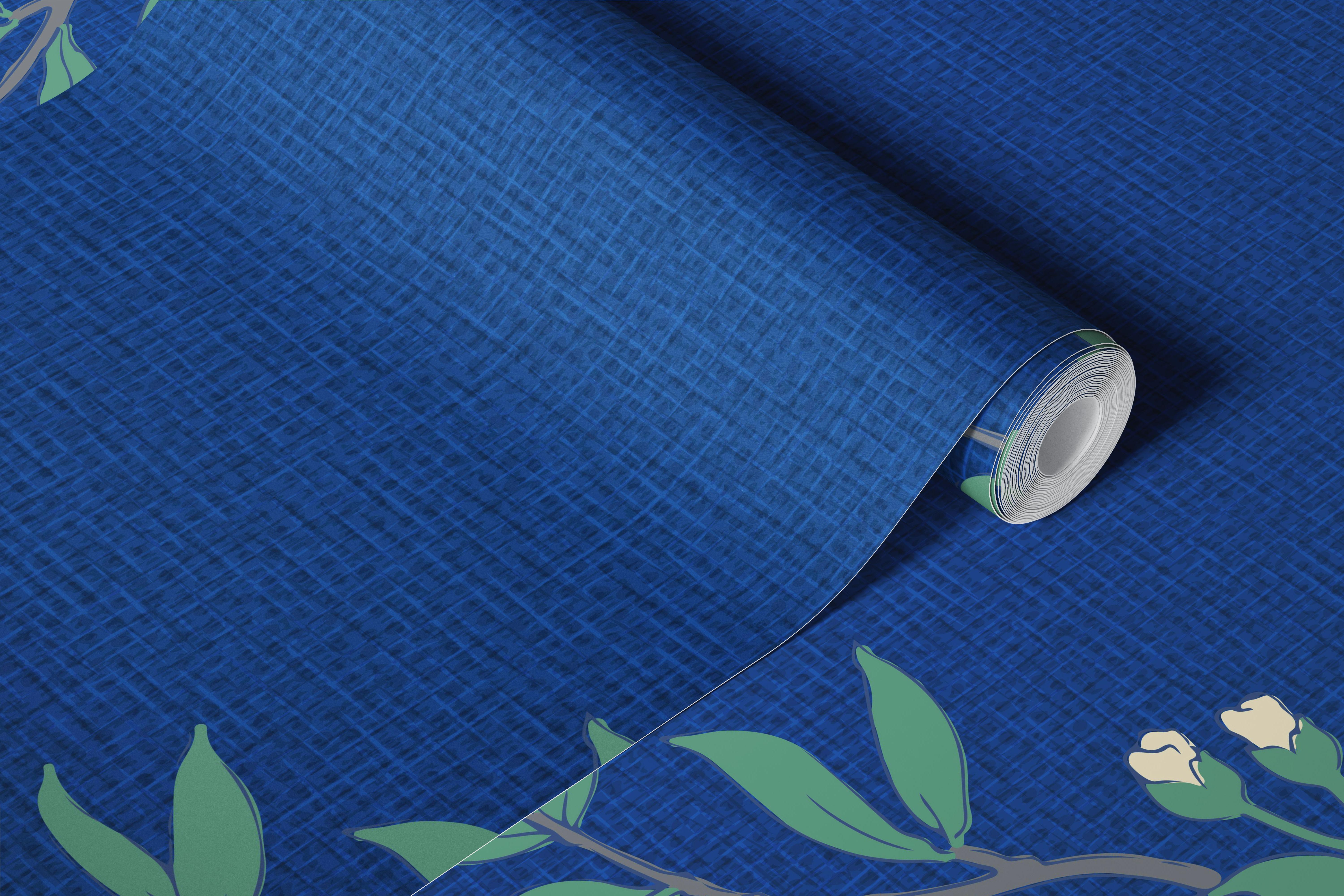 Cobalt blue floral wallpaper design in a room