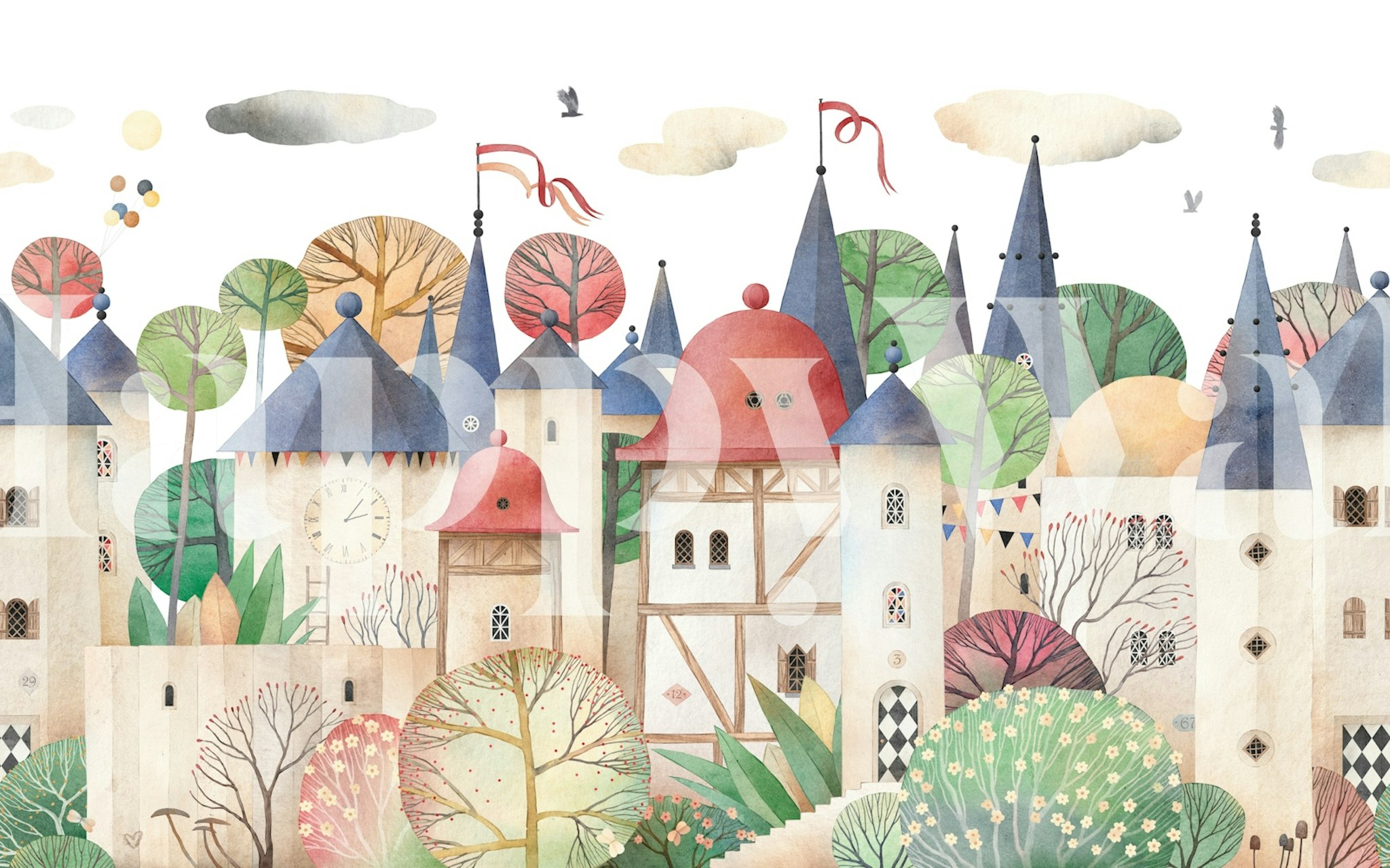 Colorful whimsical houses wallpaper in a room