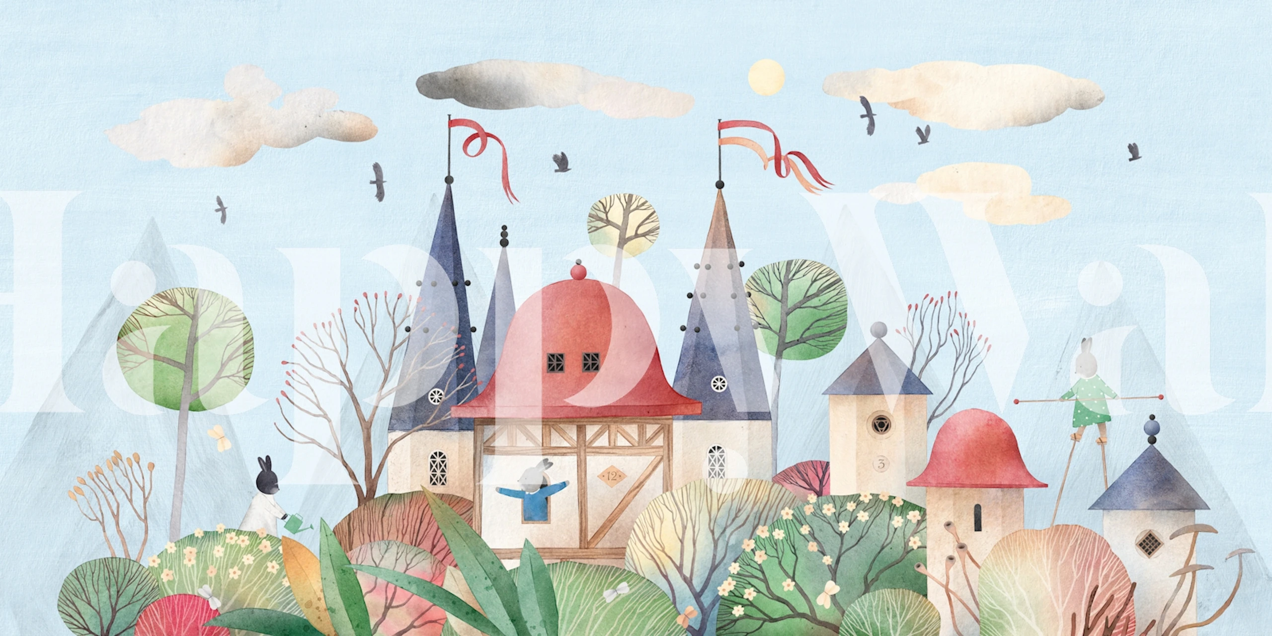 Whimsical castle and forest scene with colorful trees and blue sky wallpaper