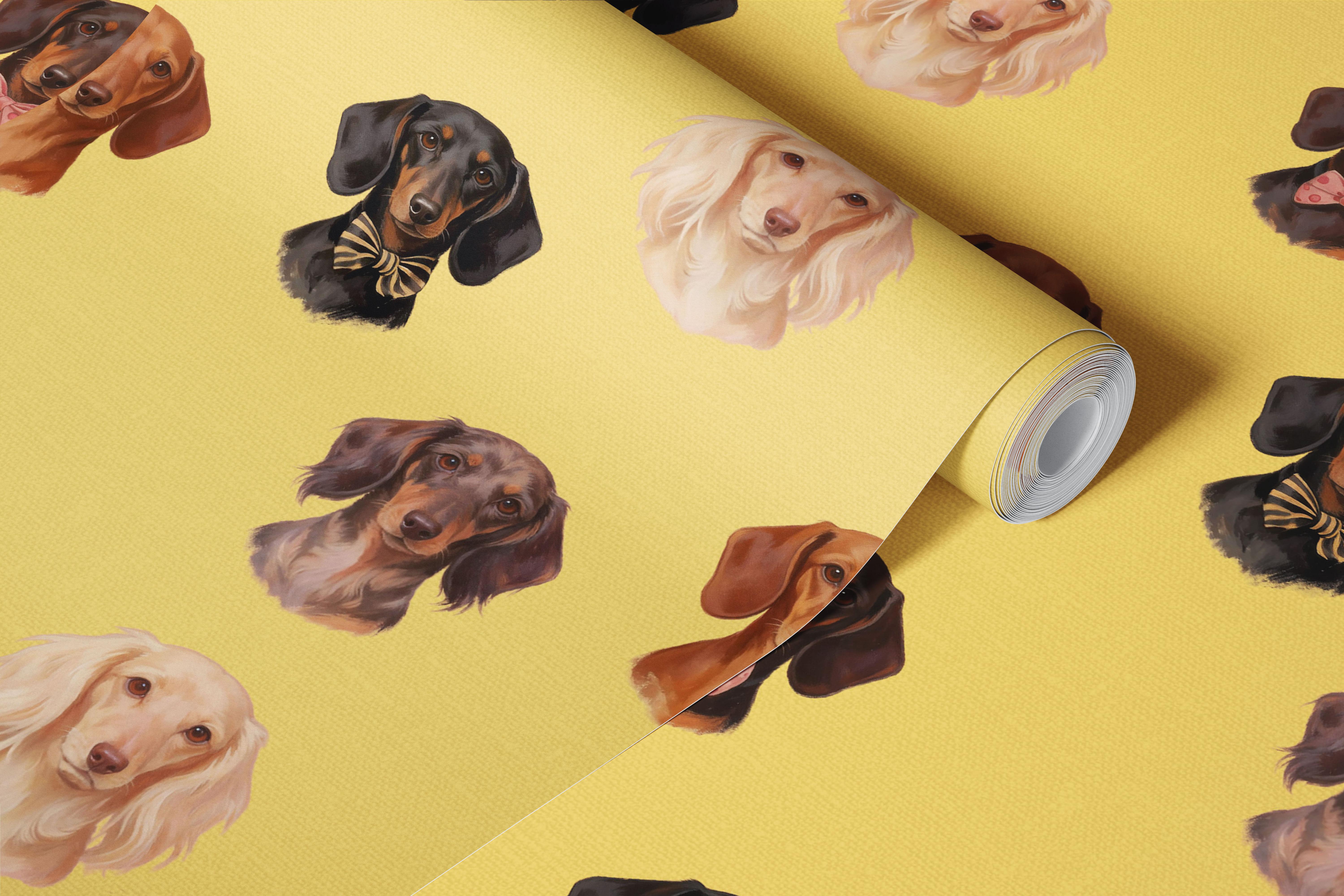 Dachshund portraits on yellow background wallpaper