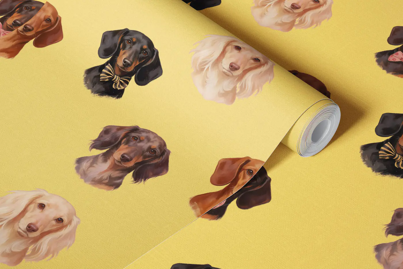 Dachshund Portraits Yellow wallpaper roll