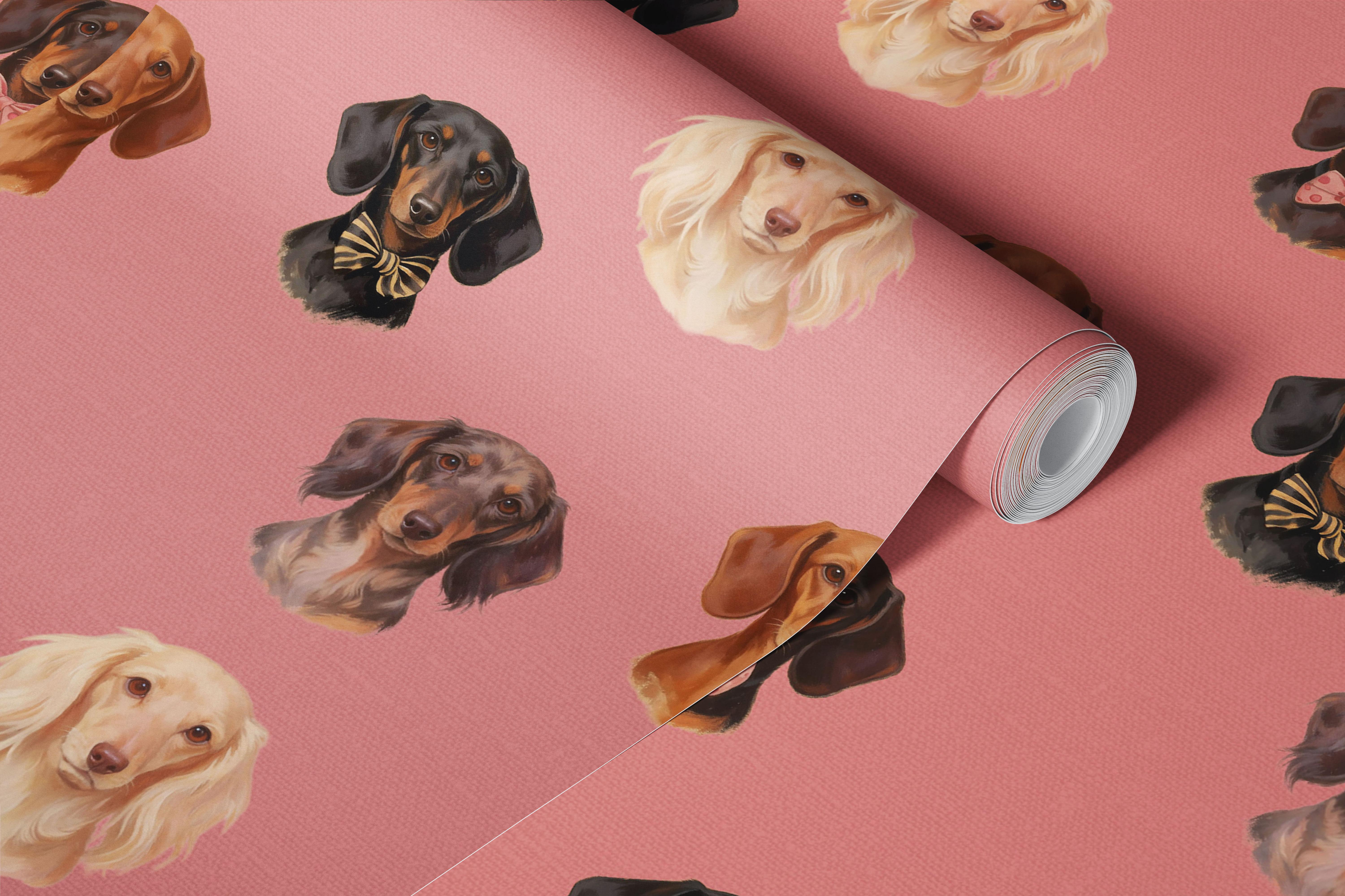 Dachshund Portraits na różowej tapecie