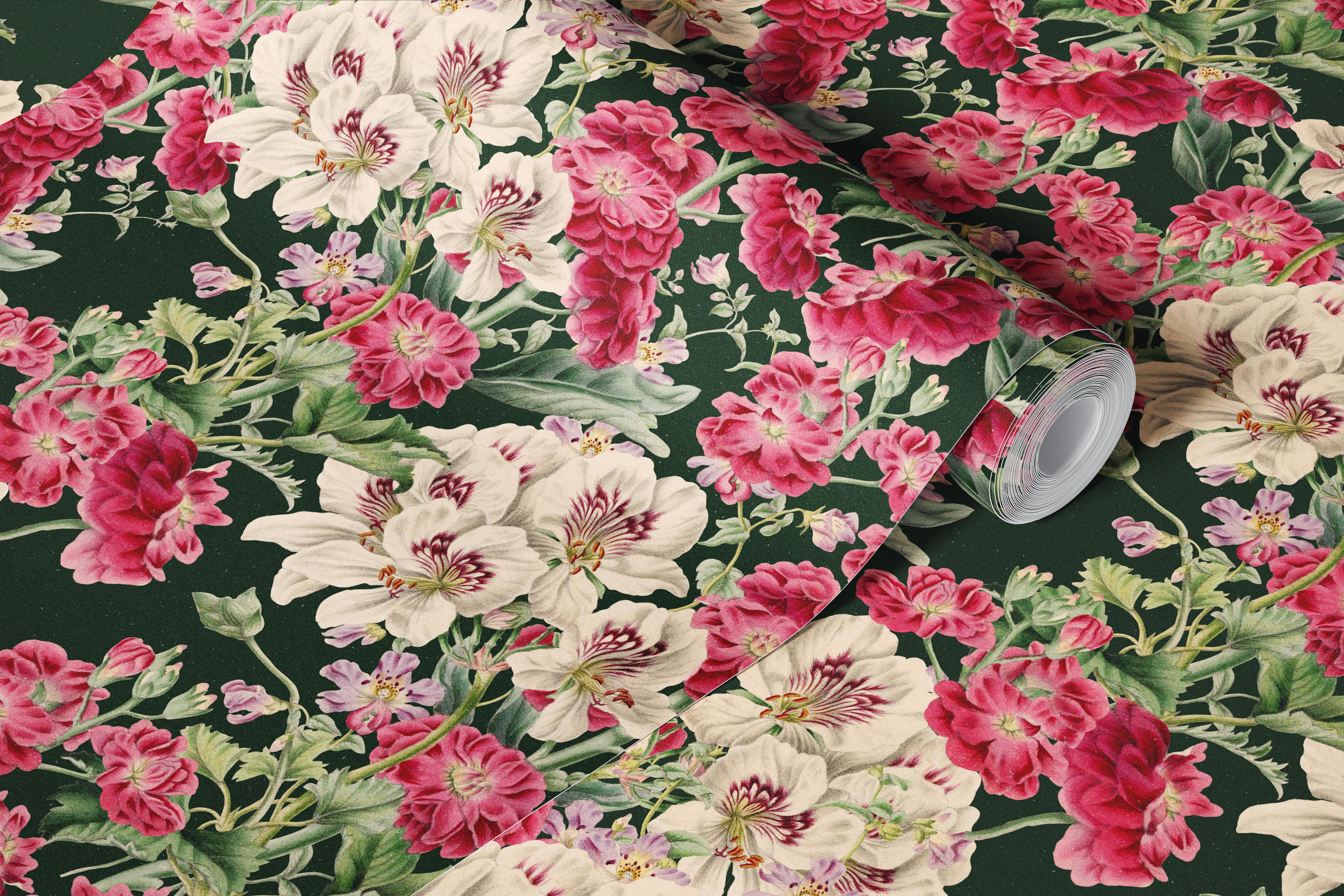 Pink and white flowers on a dark green background wallpaper