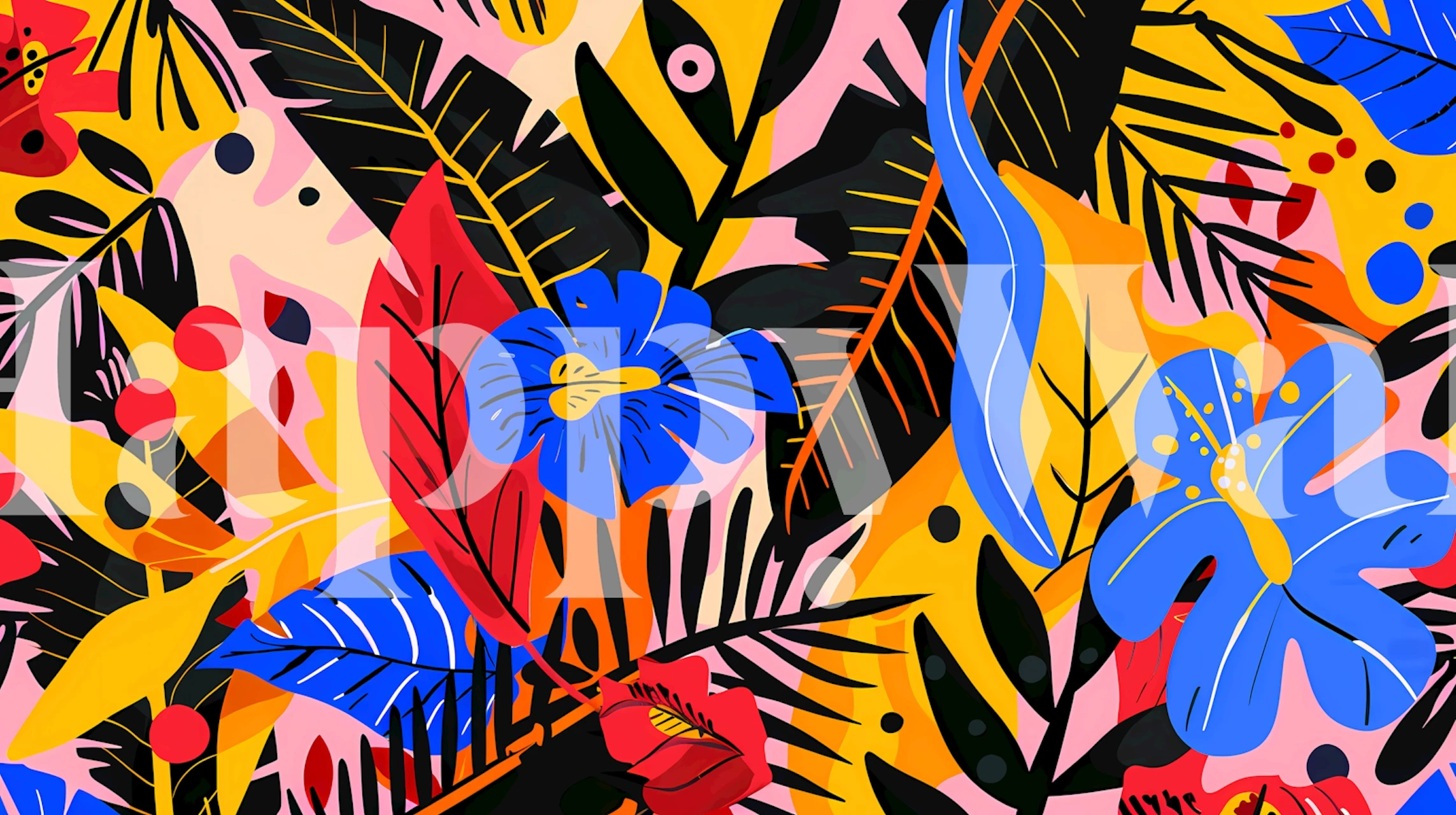 Tropical floral design with colorful flowers and green leaves wallpaper