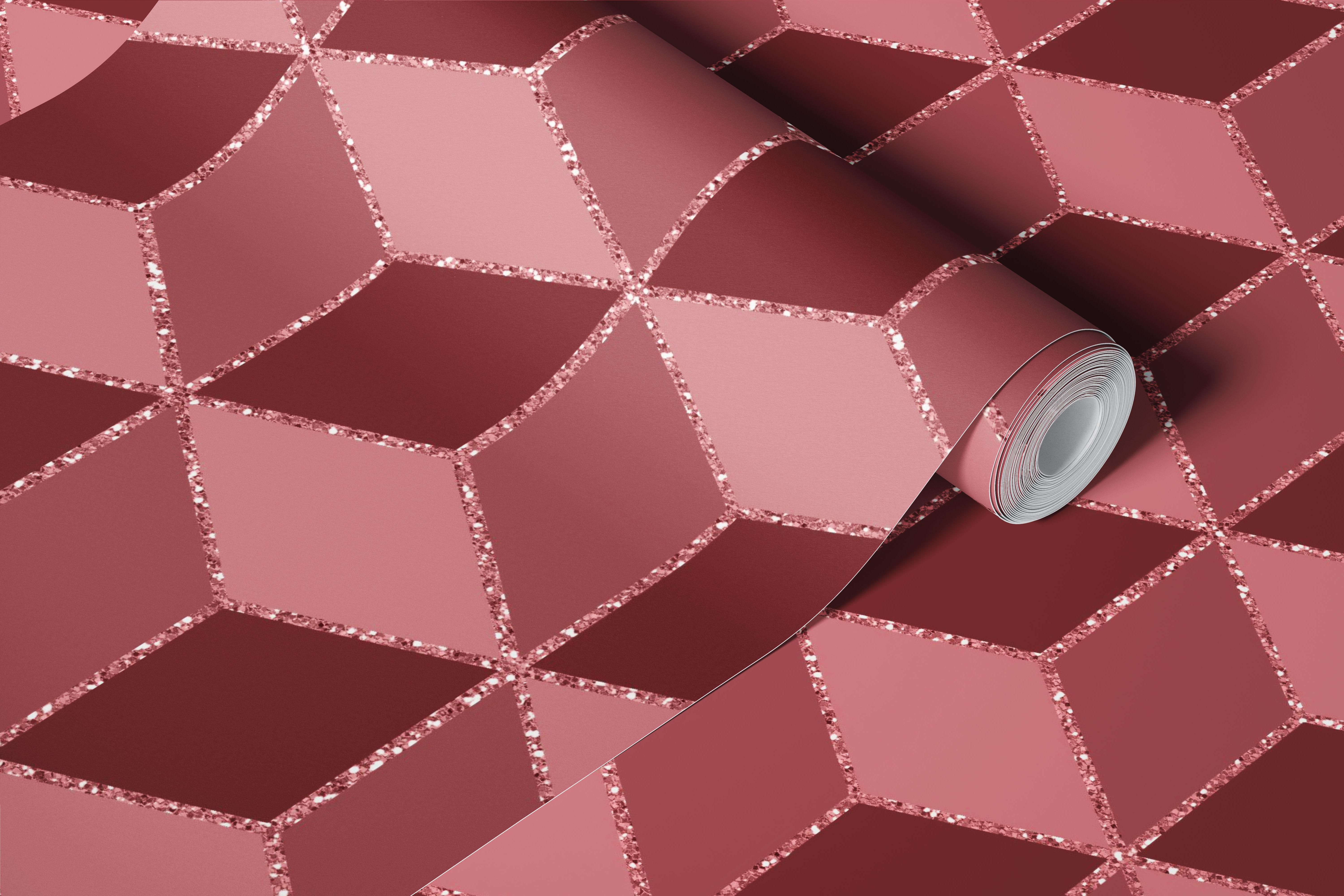 Burgundy isometric cubes wallpaper en una habitación