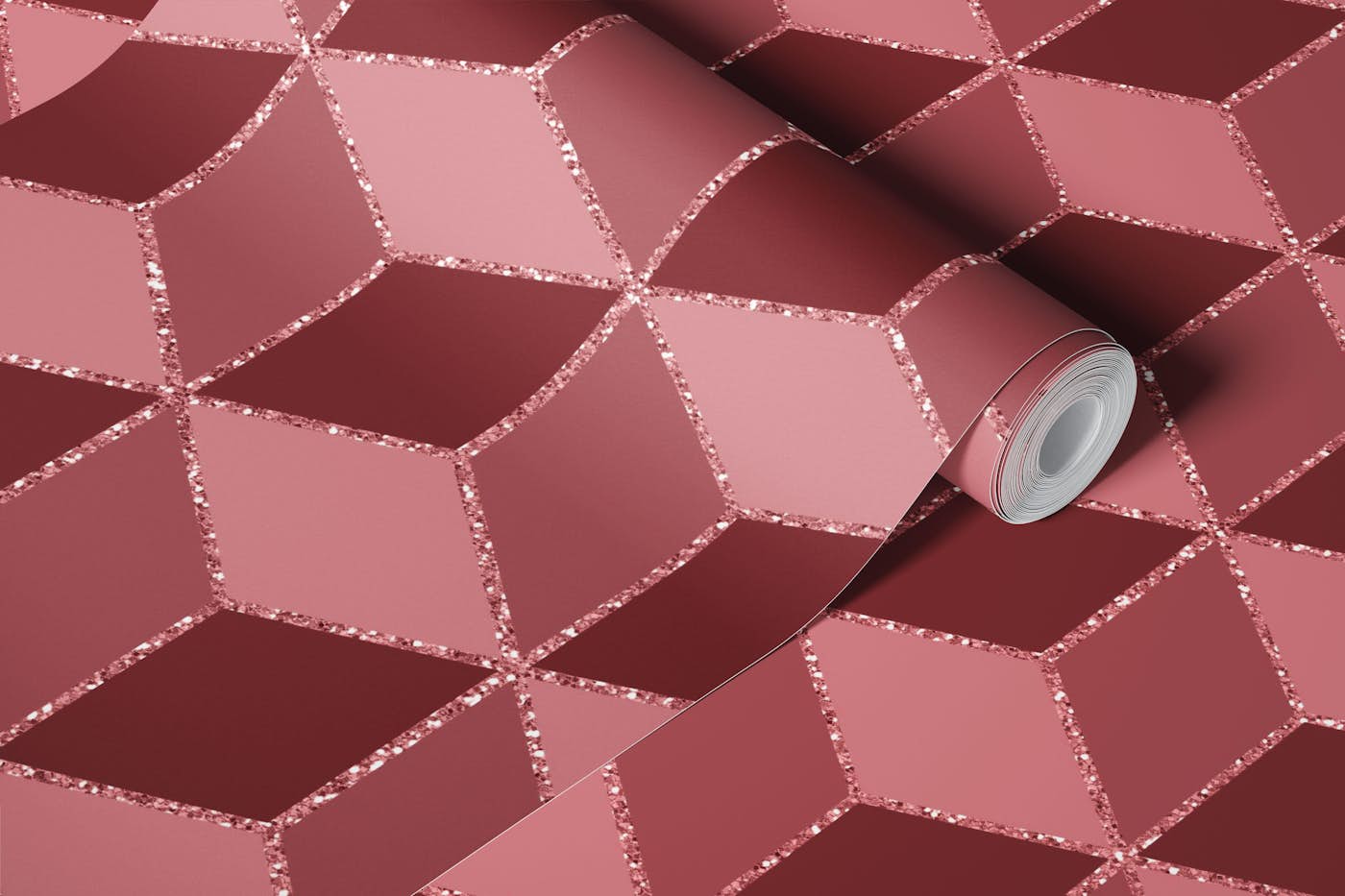 Burgundy isometric cubes glittered wallpaper roll