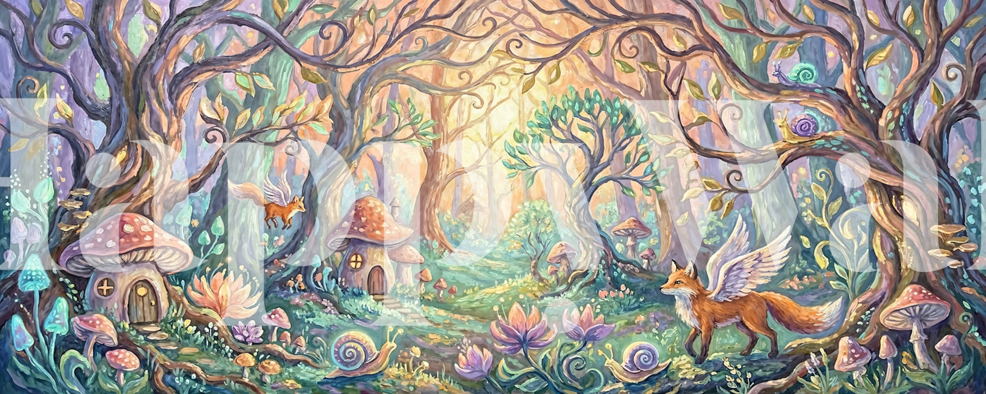 Whimsical forest scene with a fox, mushrooms, and flowers, pastel colors, fantasy wallpaper