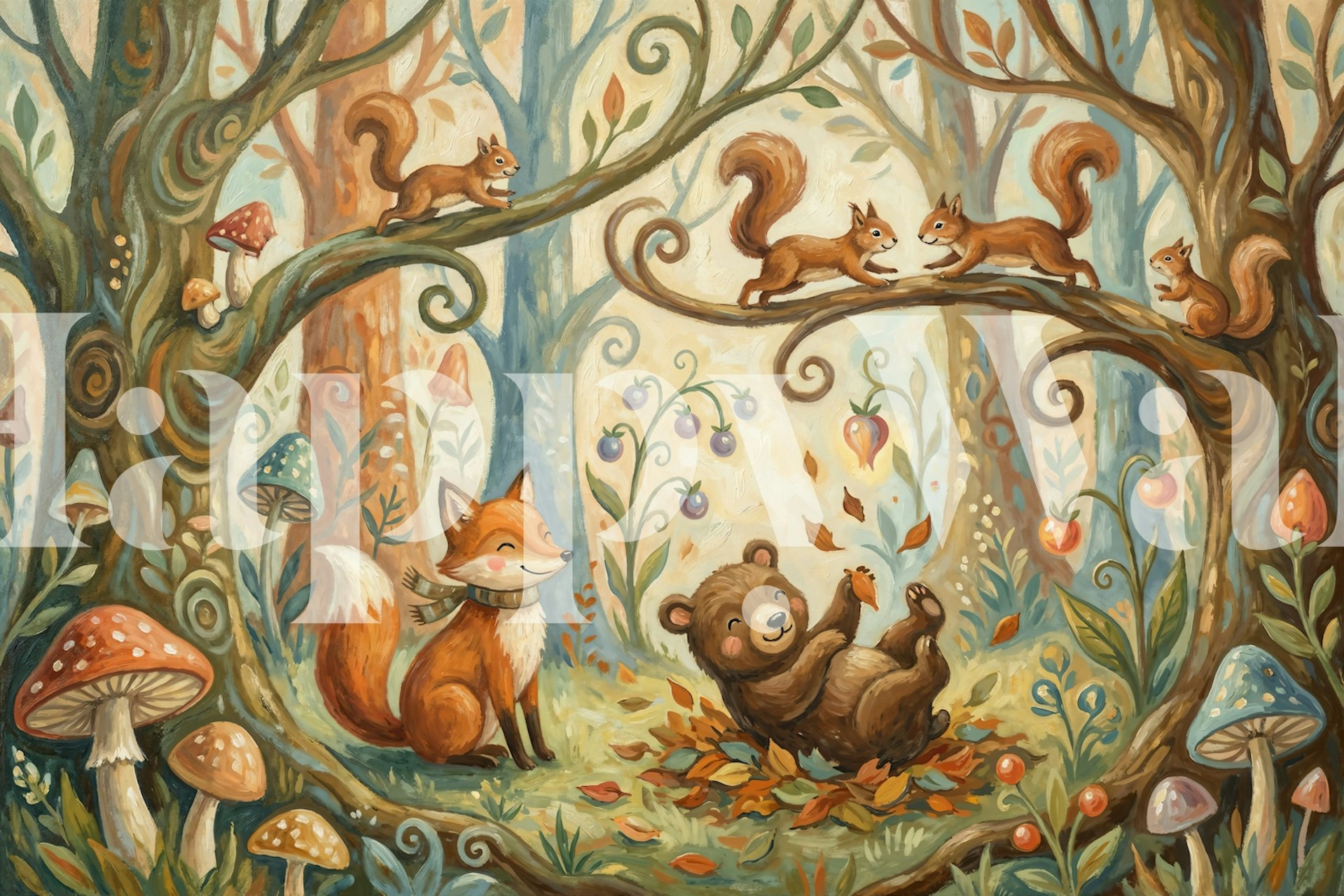 Playful foxes and bears with mushrooms in forest wallpaper