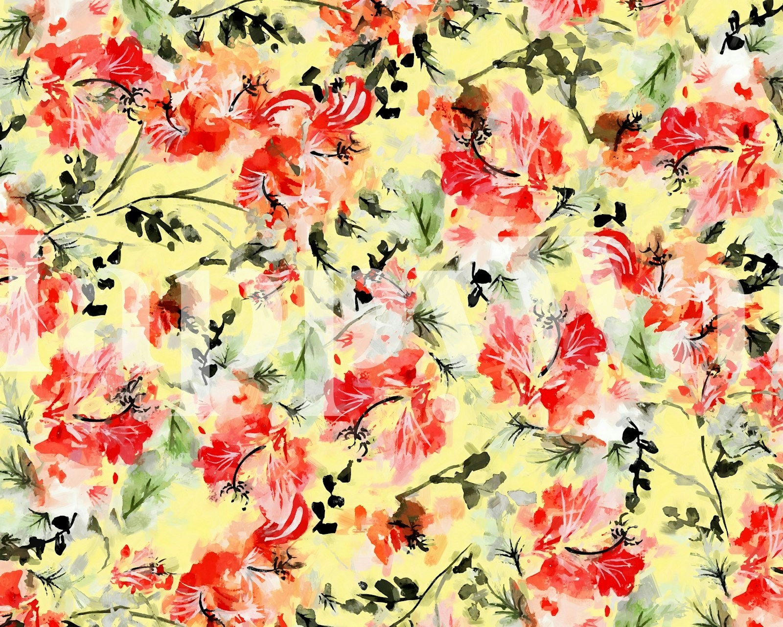Yellow floral wallpaper with abstract red flowers and green leaves