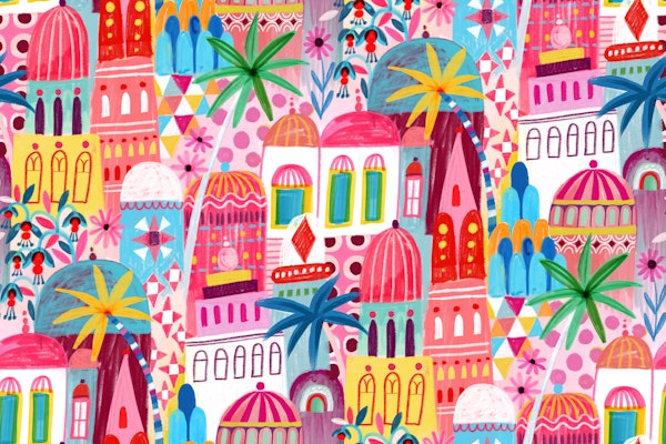 Whimsical Boho Cityscape with Palm Trees