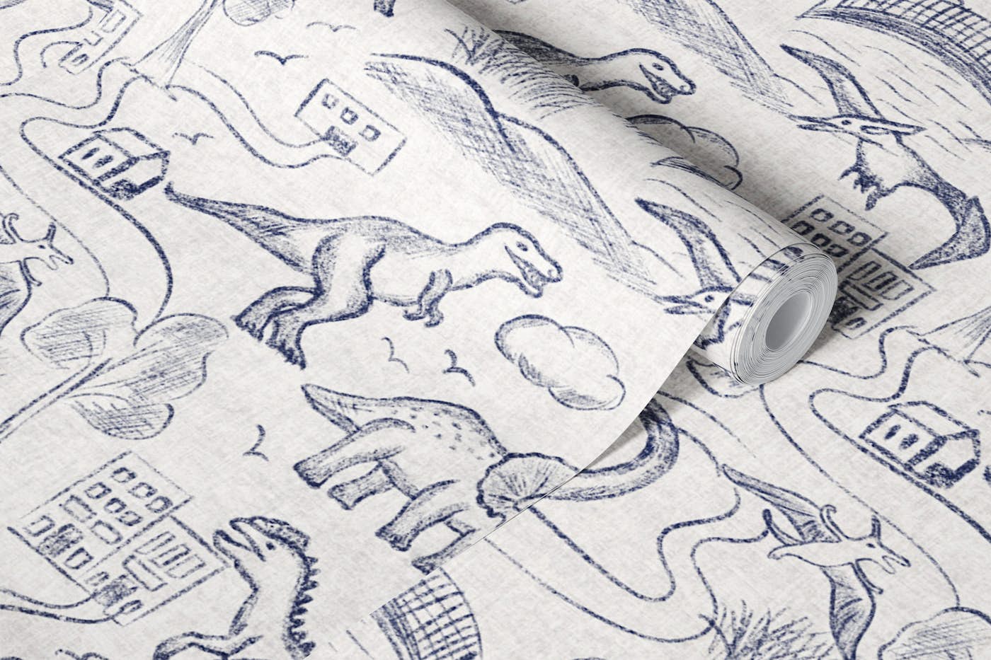 Rustic Sketchy Dinosaur Adventure Navy Blue wallpaper roll