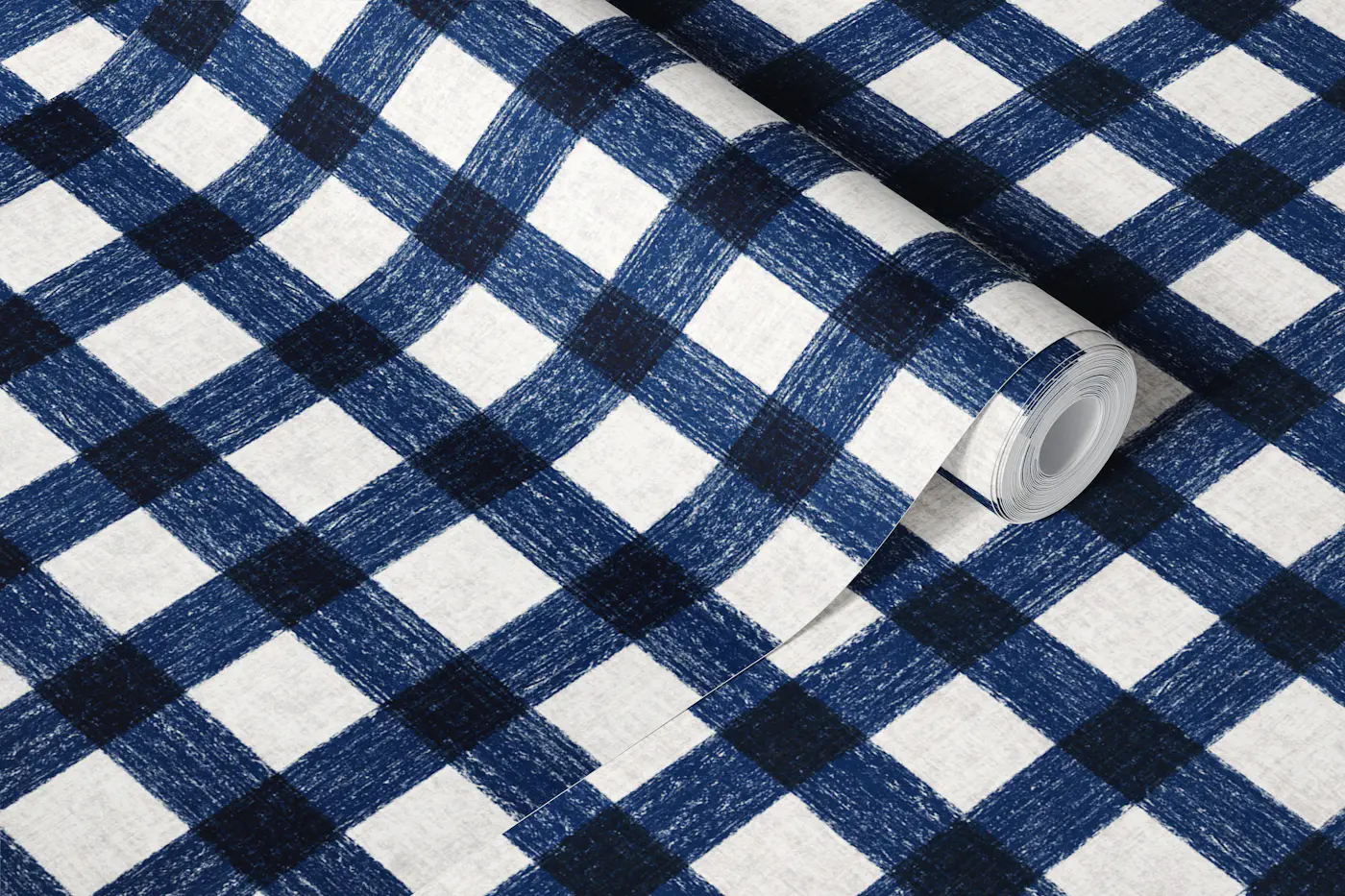 Minimal Plaid Gingham Linen look Blue white wallpaper roll