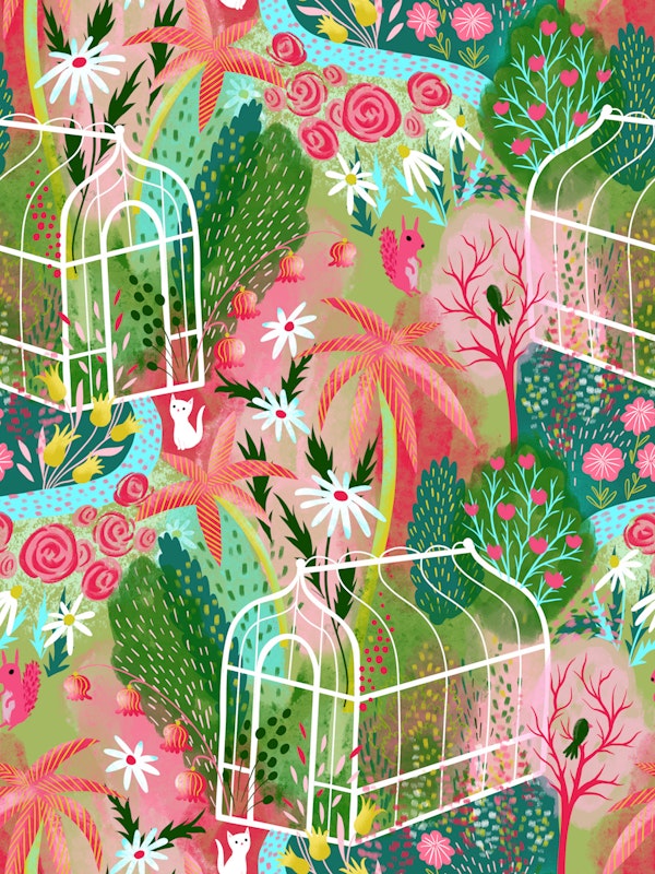 dreamy garden with greenhouse