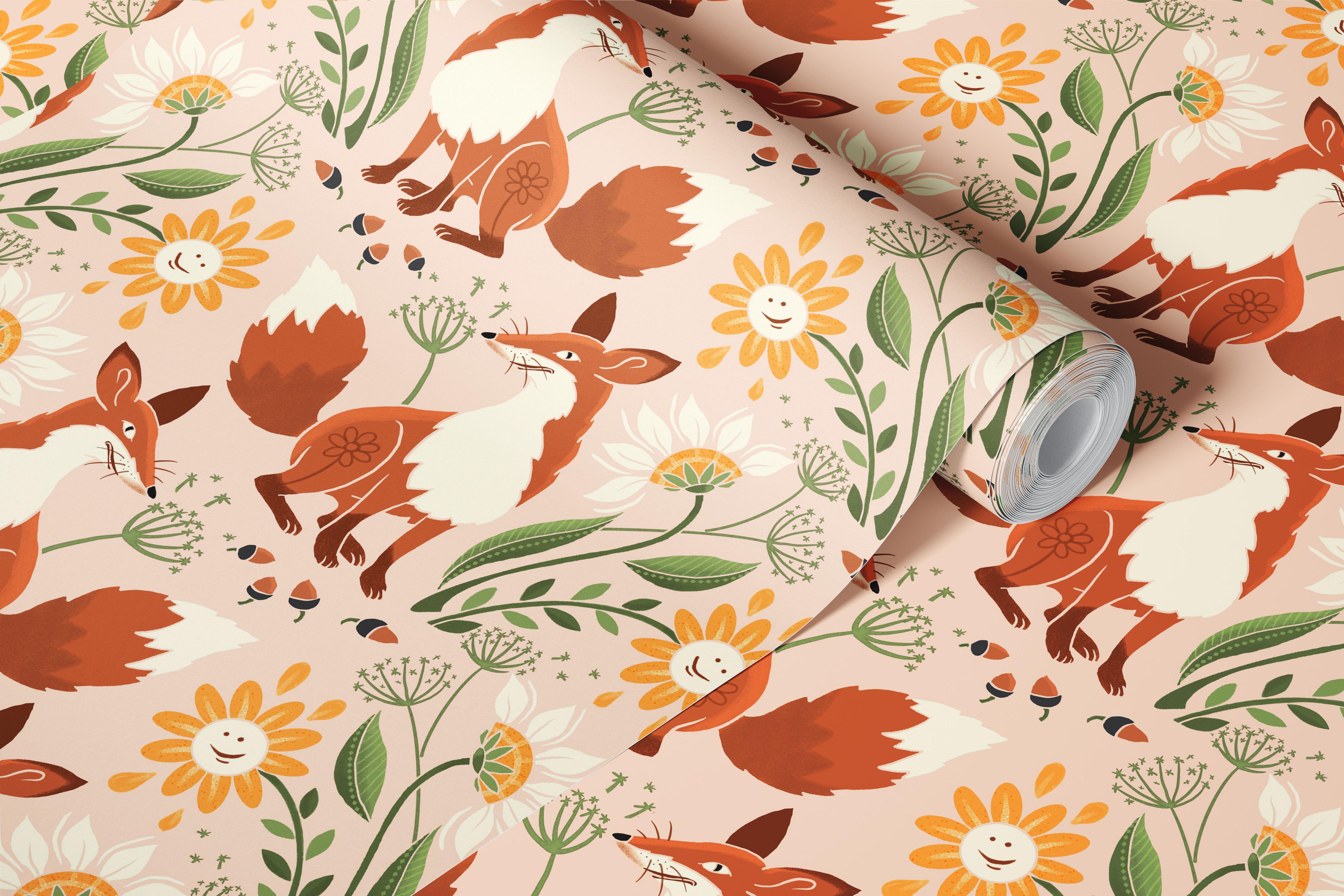 Whimsical fox and flowers wallpaper in a room
