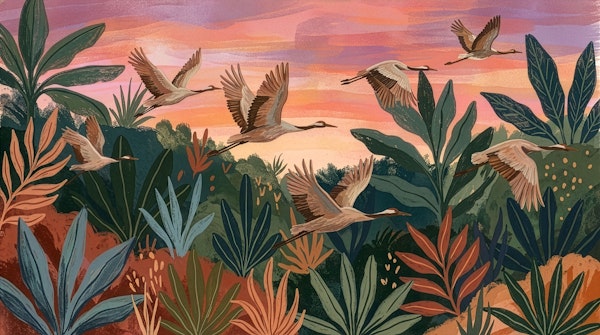 Cranes Flying at Sunset