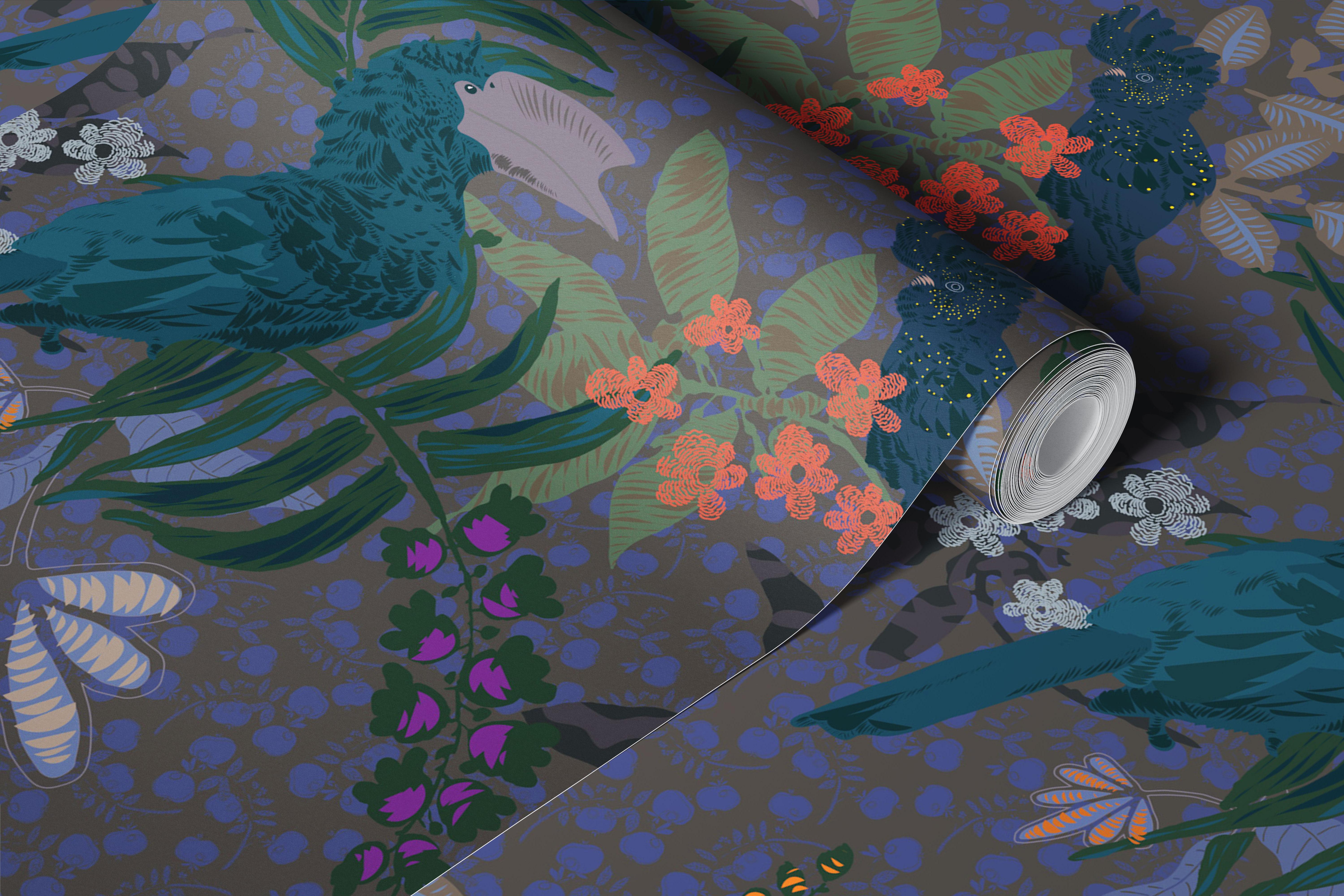 Dark feathers in purple wallpaper in a room