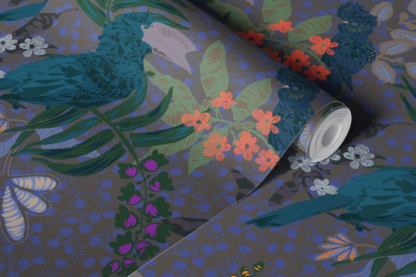 Dark feathers in purple wallpaper roll