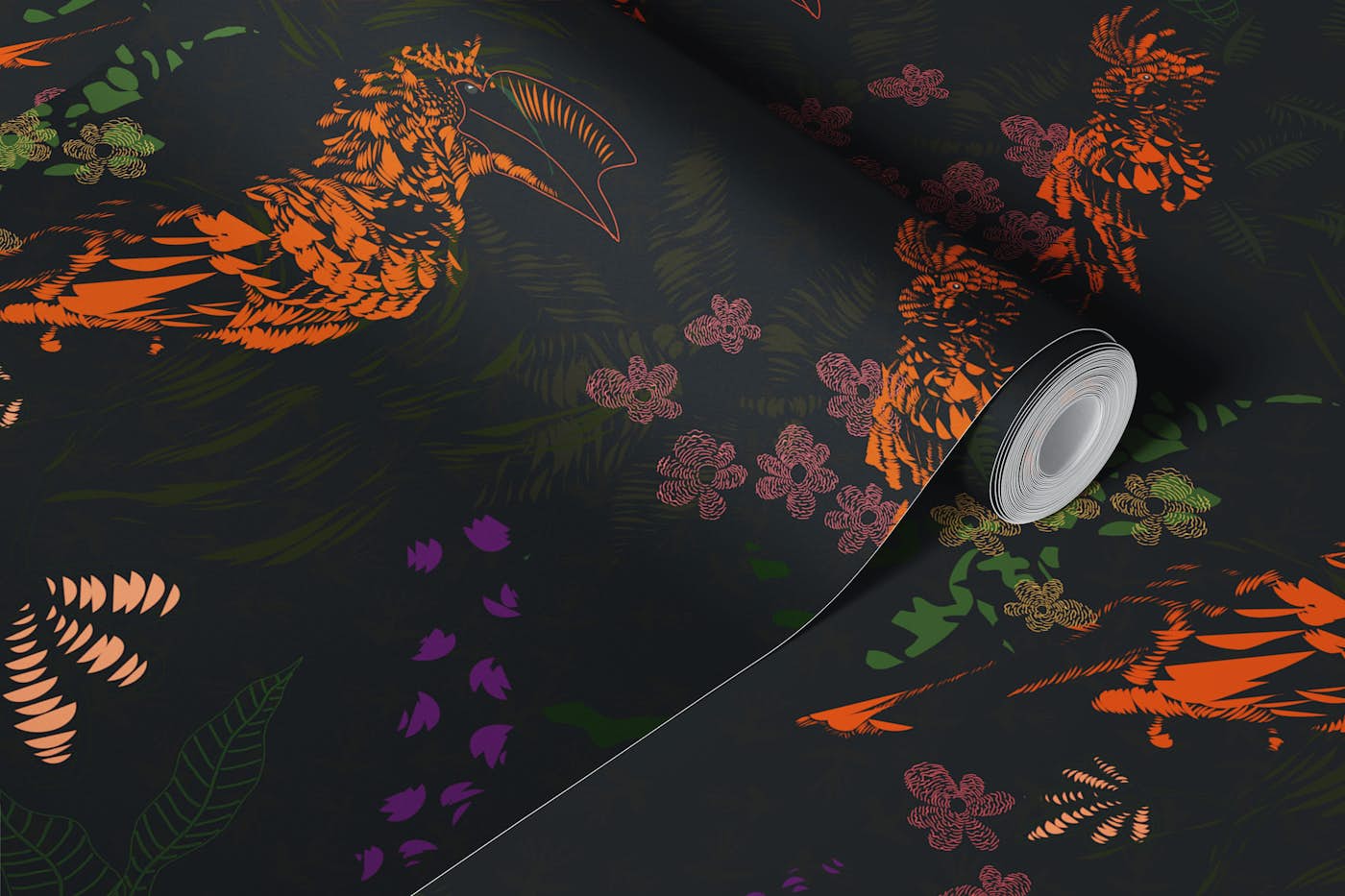 Dark feathers in green and orange wallpaper roll