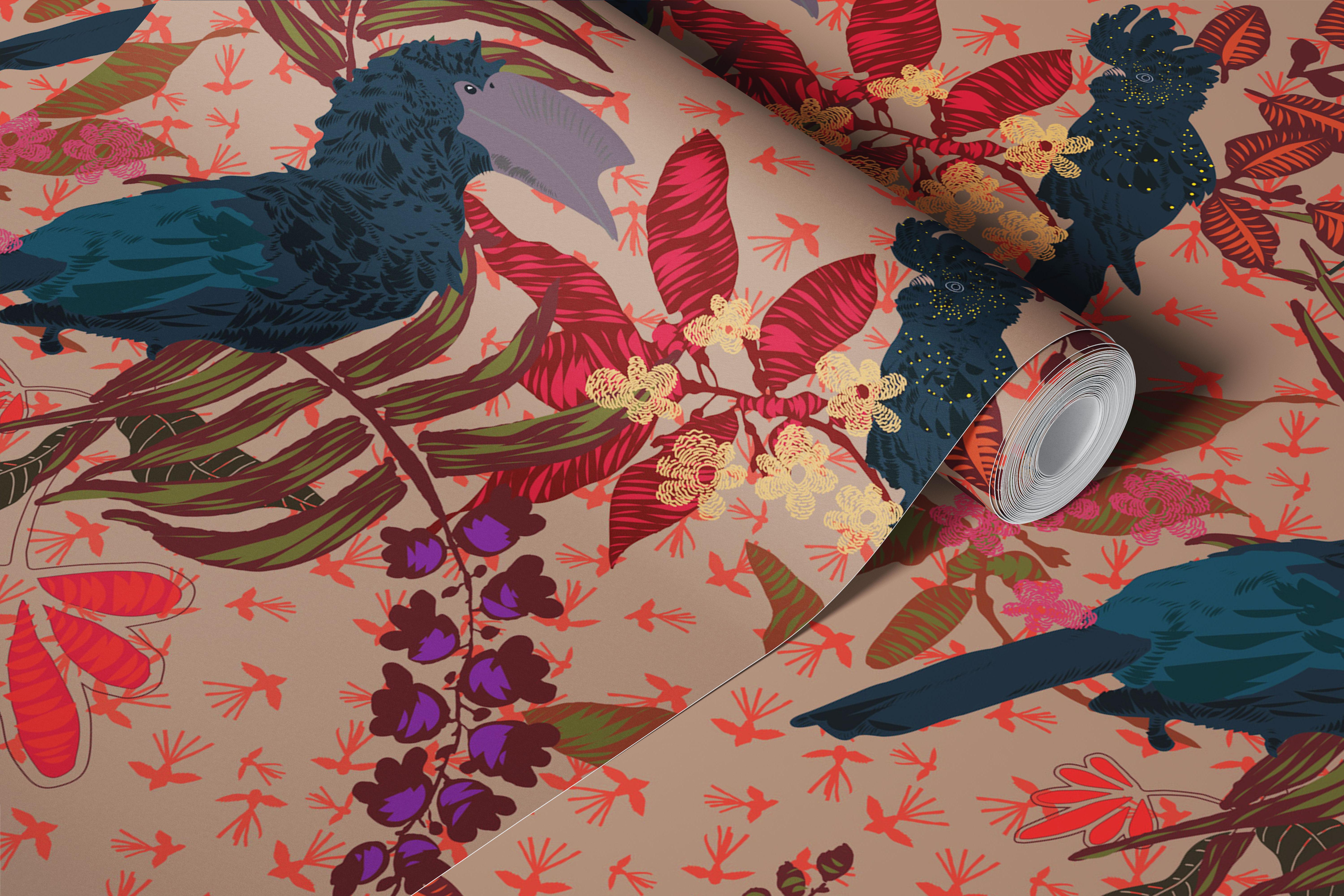 Tropical plants with dark feathers and pink flowers wallpaper