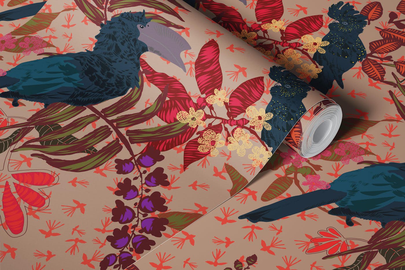 Dark feathers in pink wallpaper roll