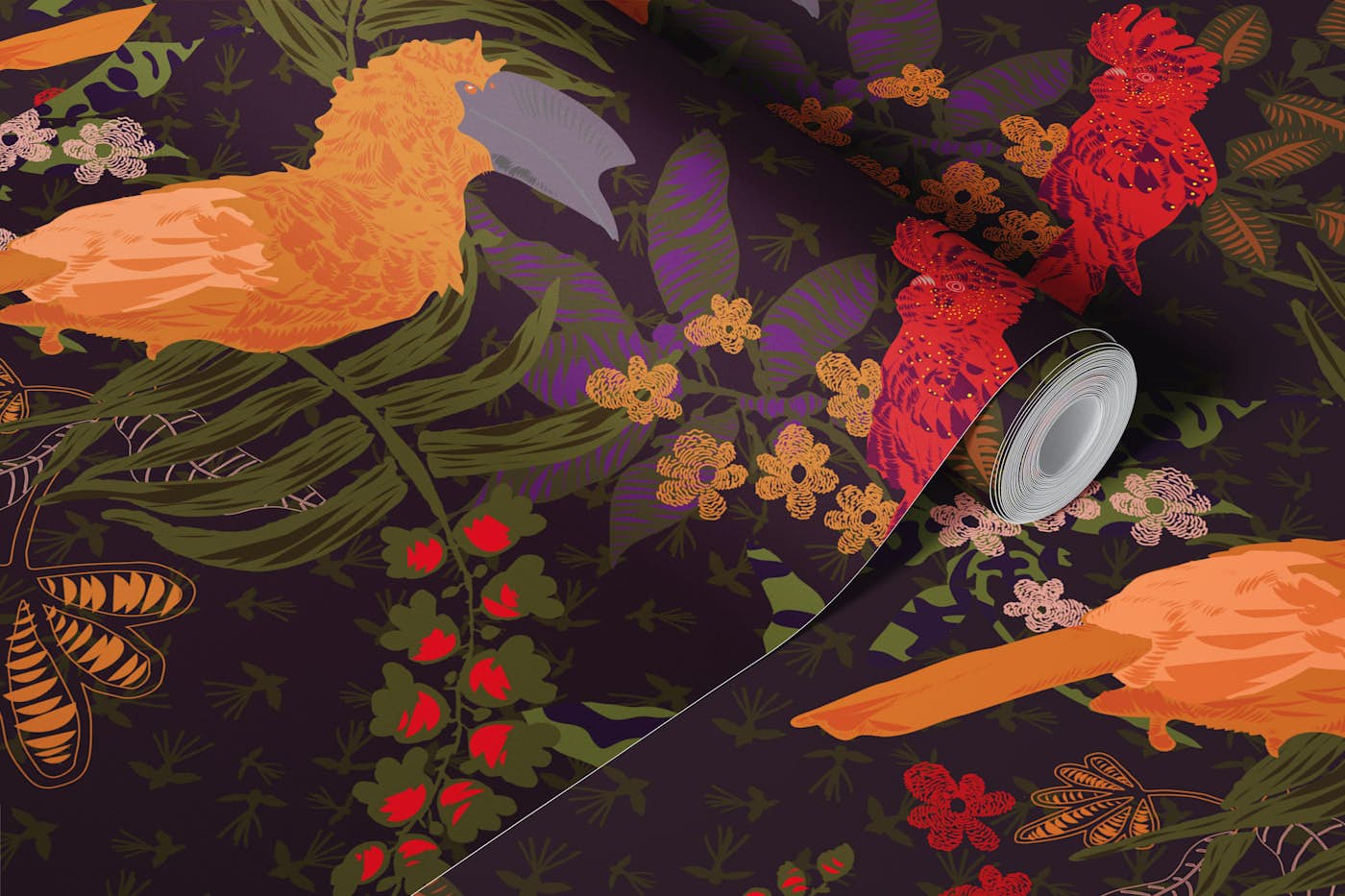 Dark feathers in red wallpaper roll