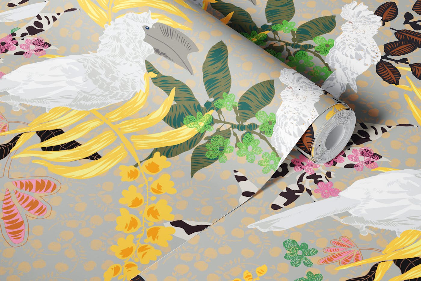 Feathers in yellow wallpaper roll