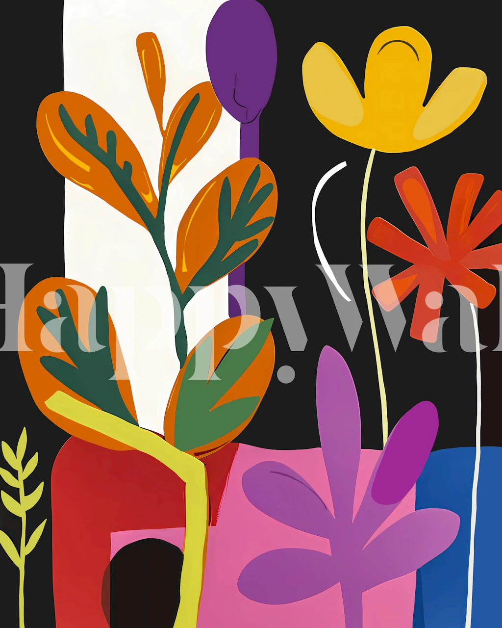 Vibrant botanical art wallpaper in a room