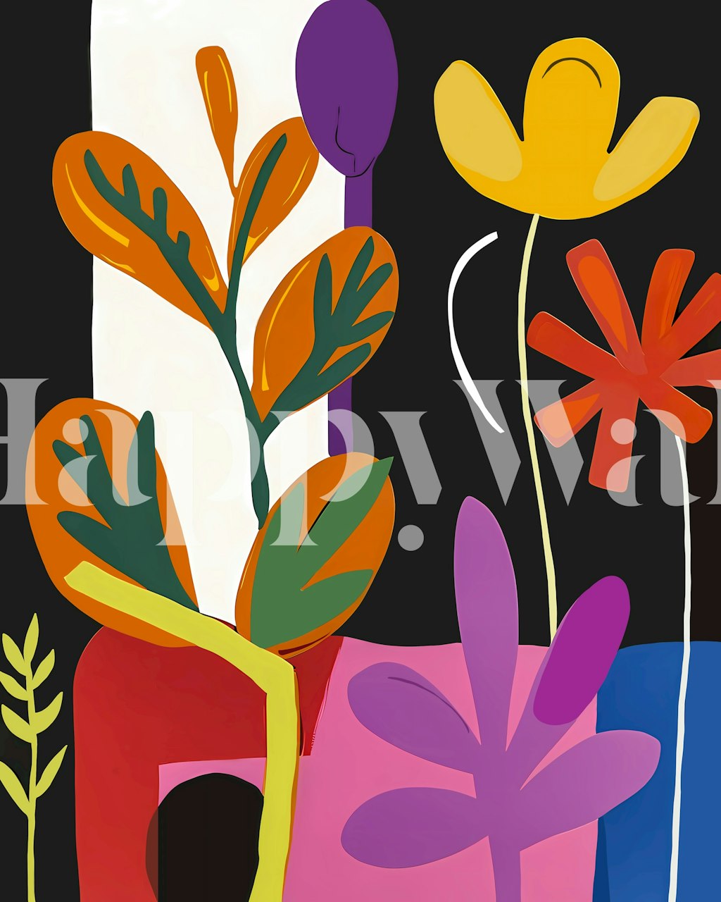 Vibrant botanical art wallpaper in a room