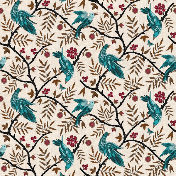 Teal Birds in Winter Orchard