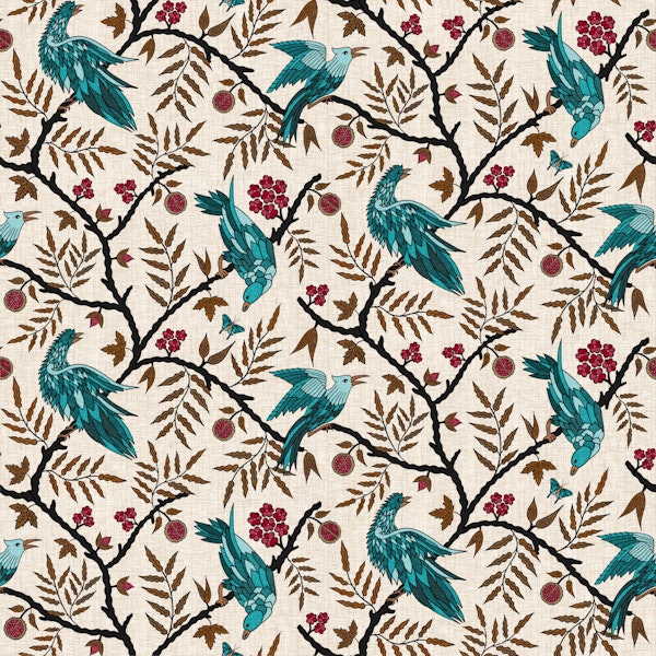 Teal Birds in Winter Orchard