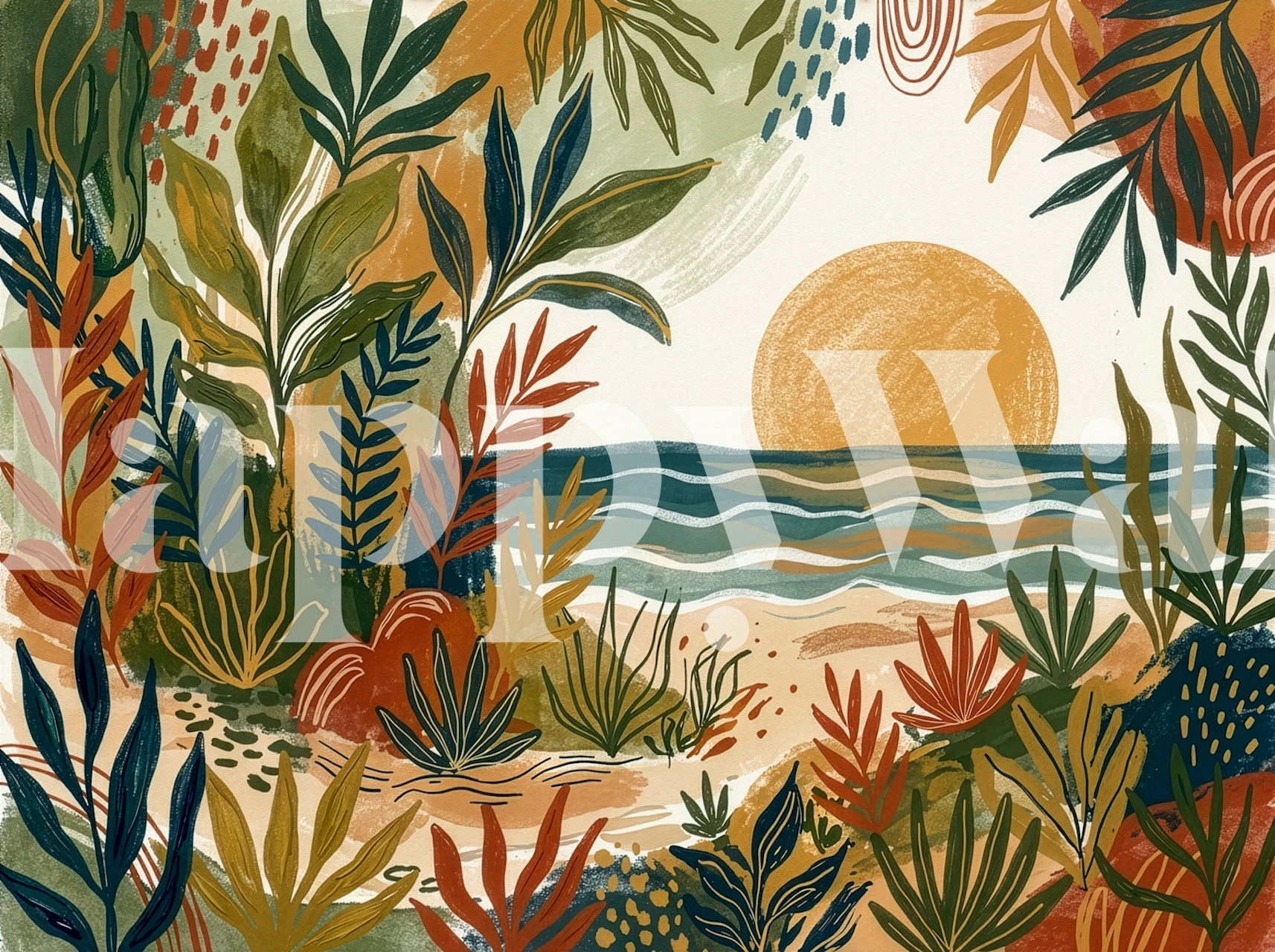 Tropical beach sunset scene with colorful plants and sea waves wallpaper