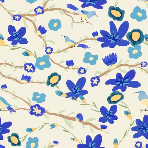 Birds Among Blue Blooms