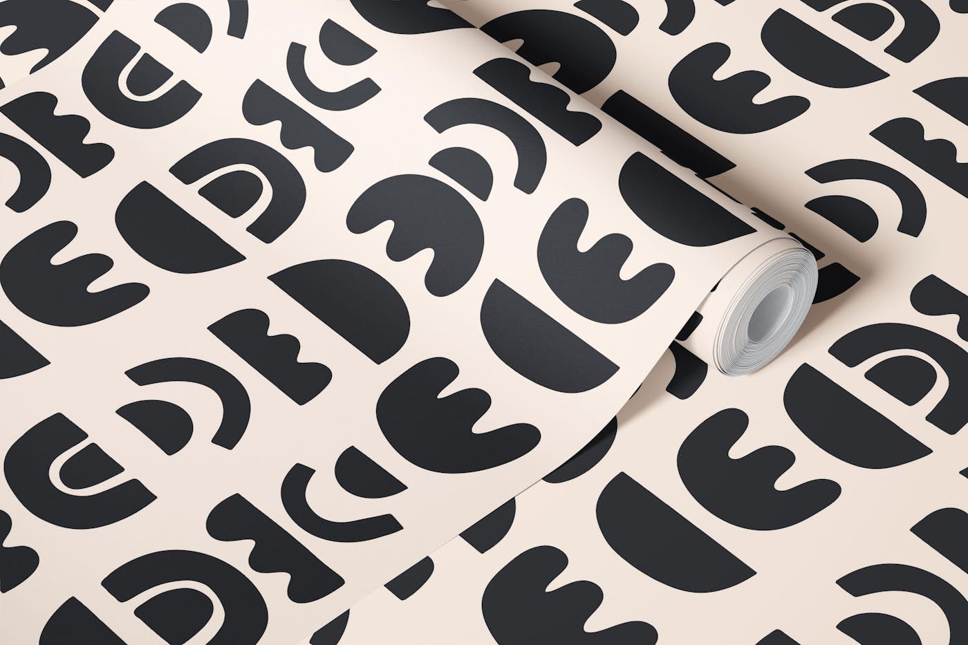 Charcoal black organic shapes on cream wallpaper roll